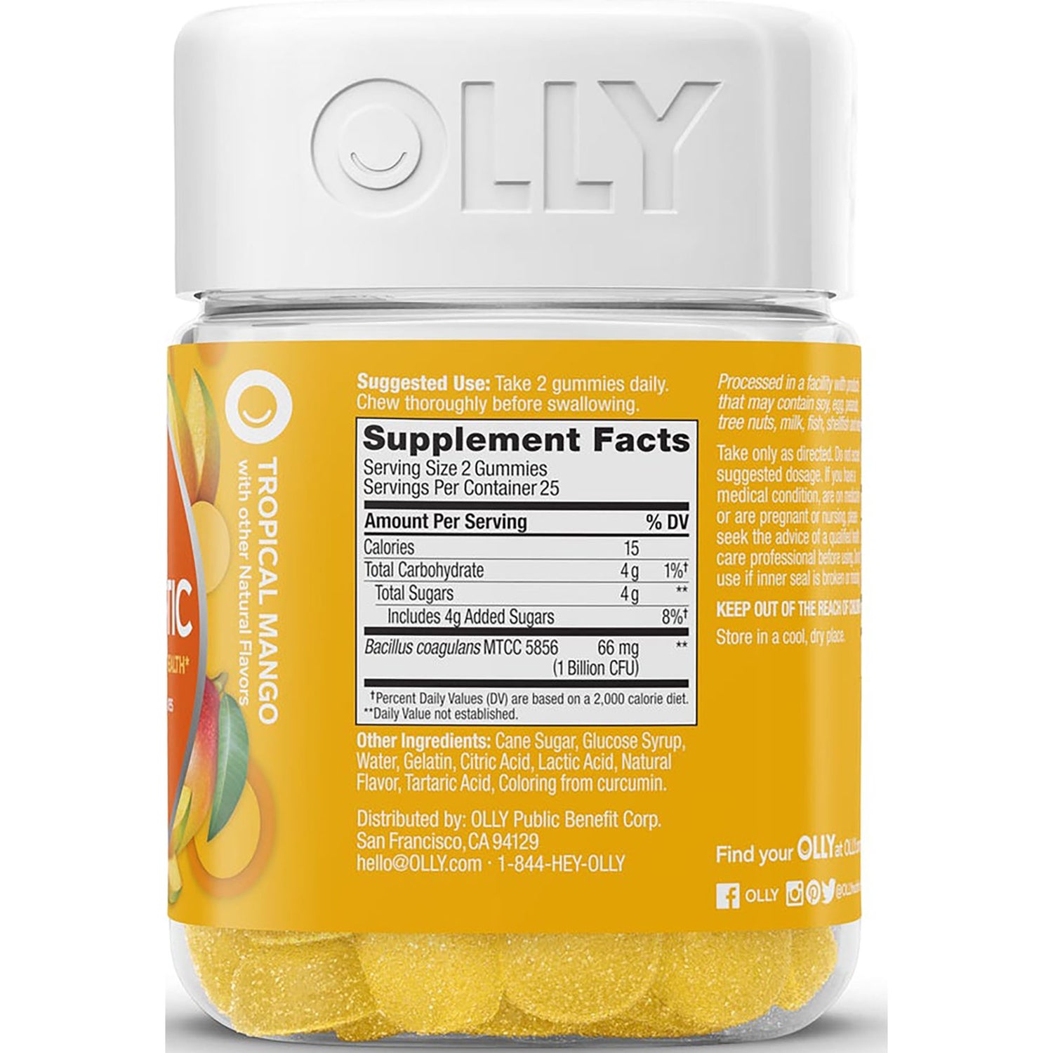 OLY009 | back of Tropical Mango gummy jar showing Supplement Facts panel, ingredients and suggested use