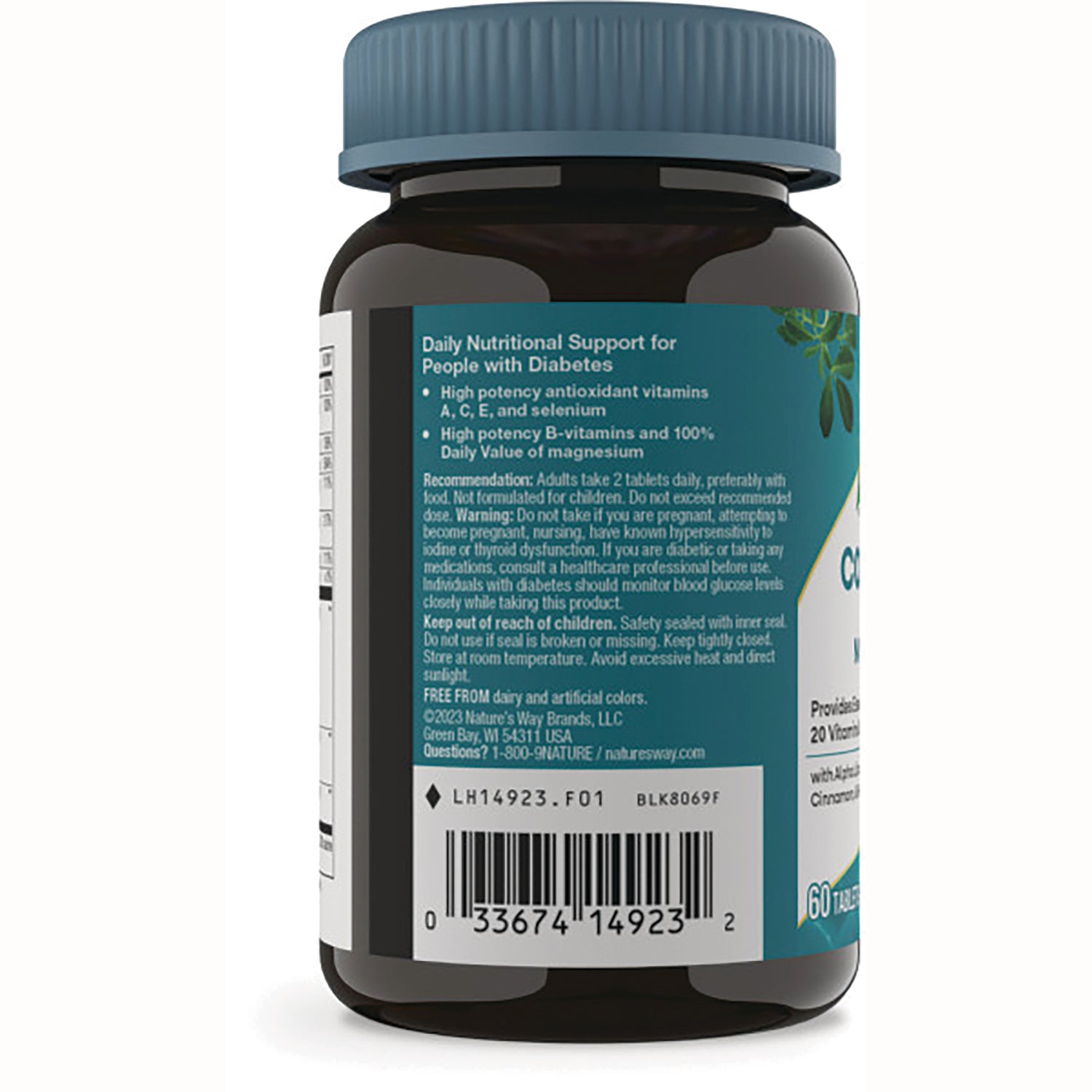 NW573 | Back label showing daily nutritional support text, warnings and barcode on supplement bottle