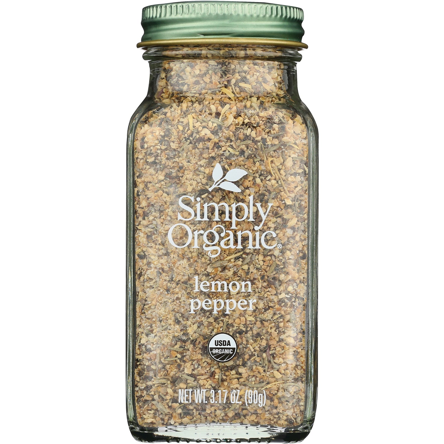 SMP070 | Simply Organic lemon pepper spice in clear glass jar with green lid, front label and USDA Organic seal