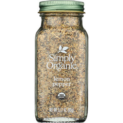 SMP070 | Simply Organic lemon pepper spice in clear glass jar with green lid, front label and USDA Organic seal