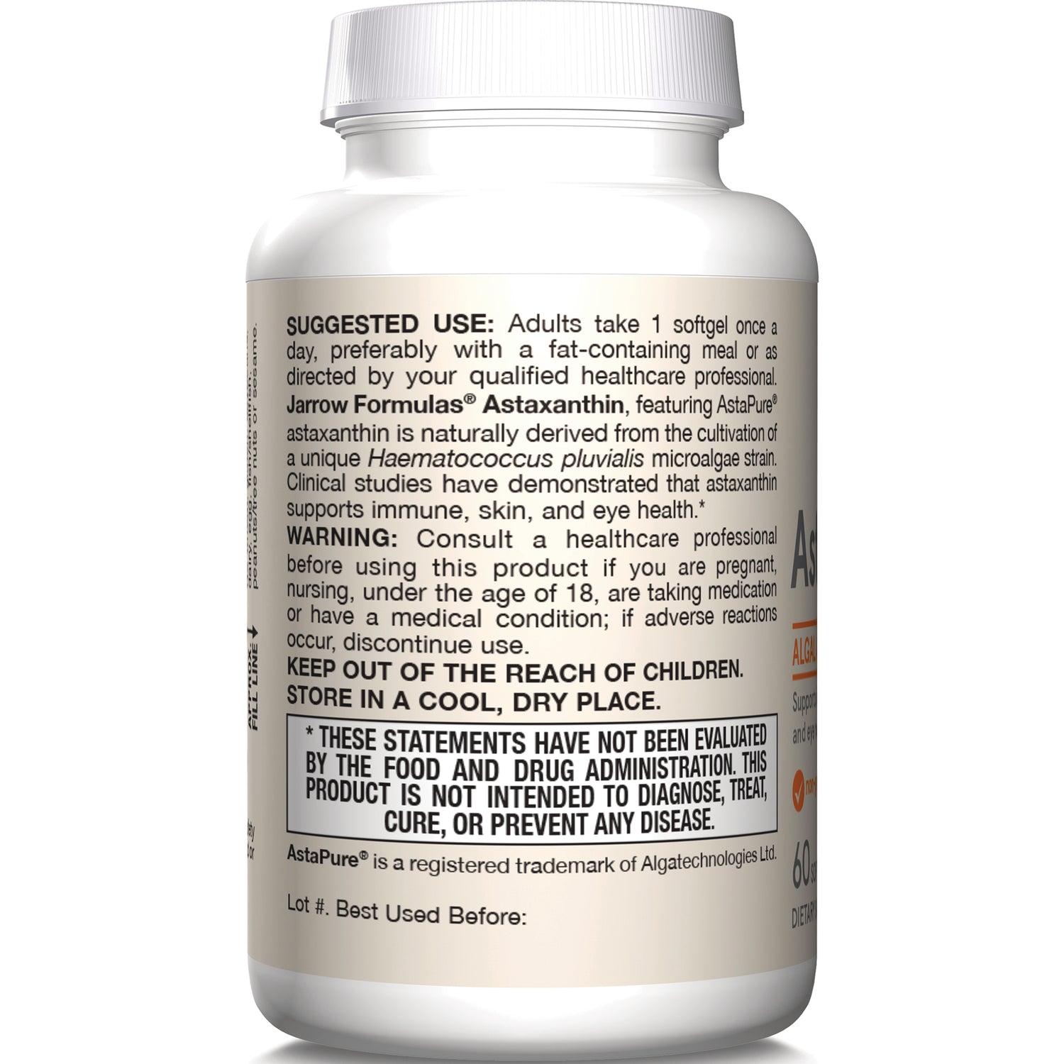 JR314 | Back label of supplement bottle showing suggested use, warnings, and FDA disclaimer box