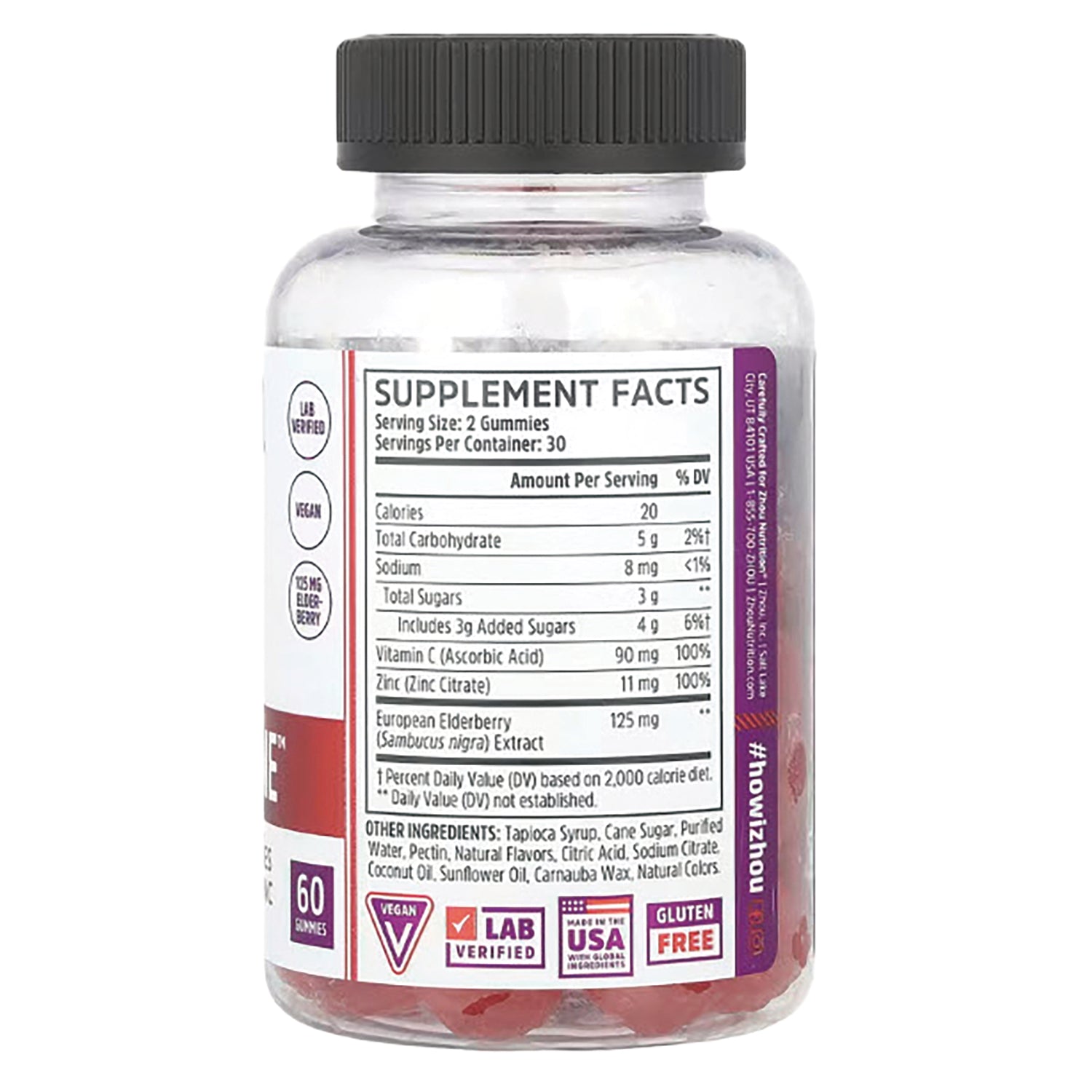 ZOU043 | Back of gummy supplement bottle with Supplement Facts panel; vegan, lab verified, made in USA, gluten free; 60 gummies