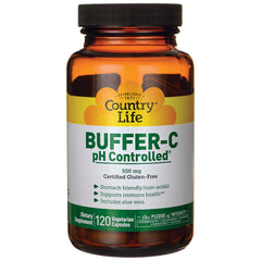 CRL330 | Amber bottle of Country Life BUFFER-C pH Controlled 500 mg, 120 vegetarian capsules