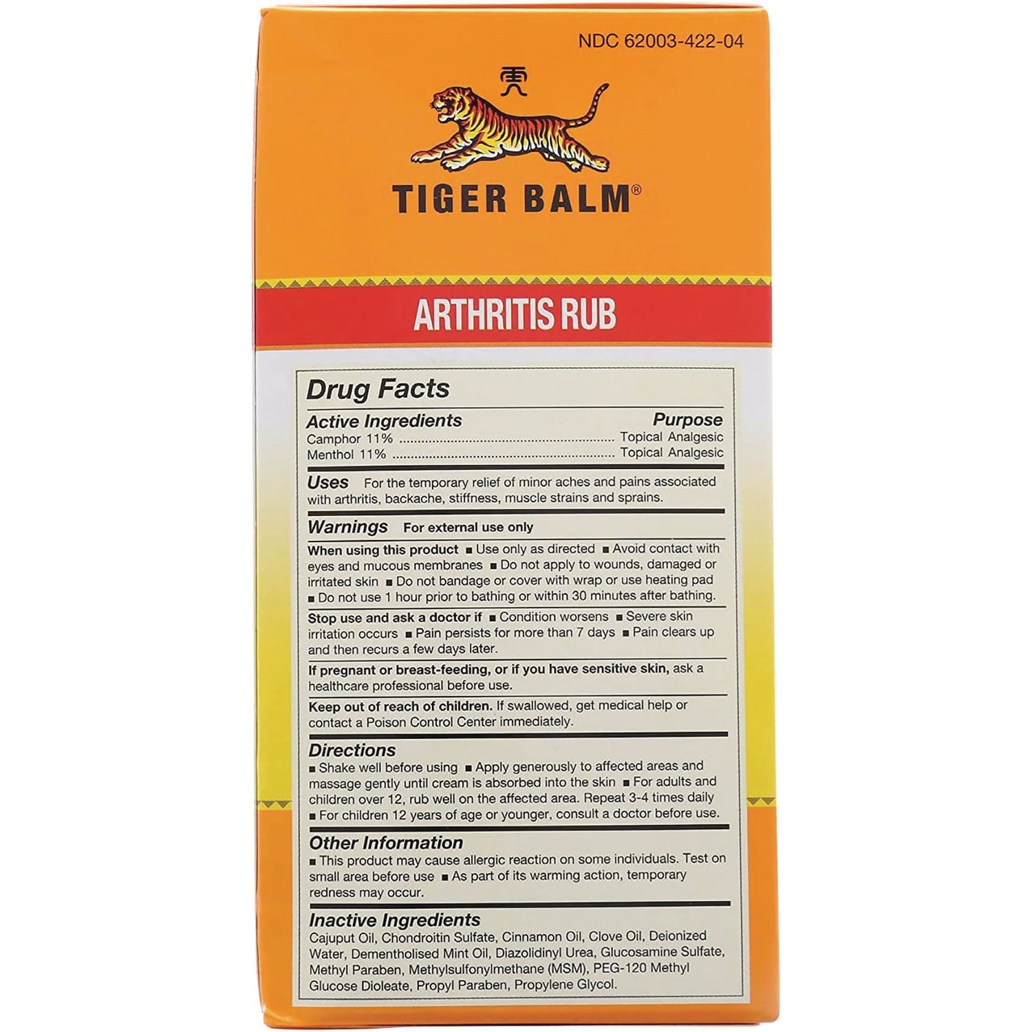 PPC005 | Tiger Balm arthritis rub box back showing Drug Facts and active ingredients camphor 11% menthol 11%