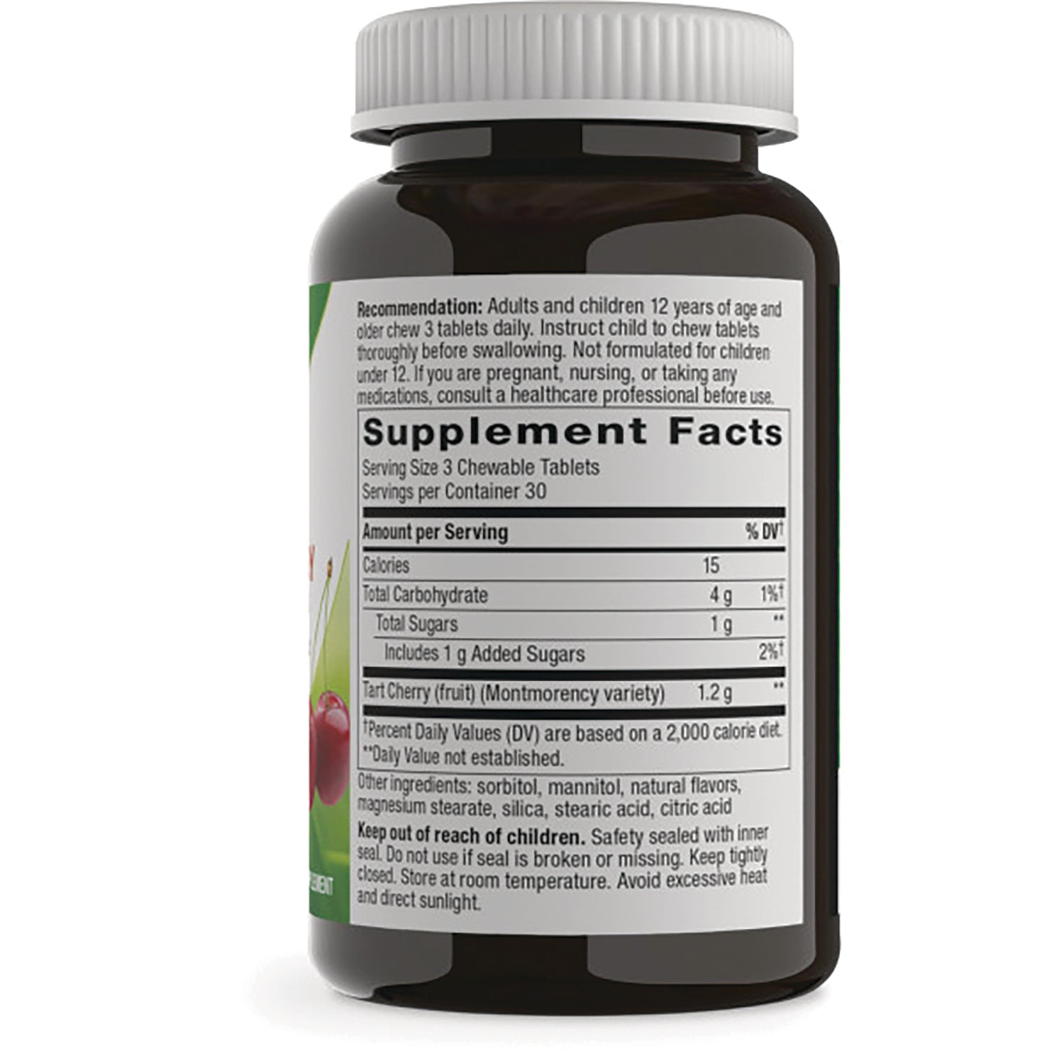 ET443 | Back of dark supplement bottle showing Supplement Facts panel and usage instructions, serving size 3 chewable tablets