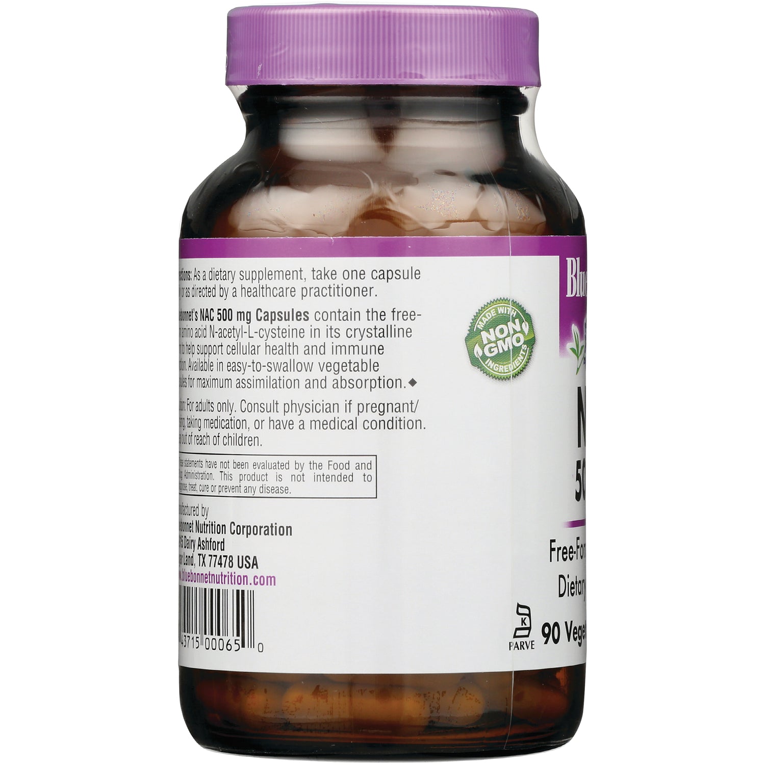 BLU103 | back label of supplement bottle showing usage text, non-GMO seal, barcode, and visible capsules