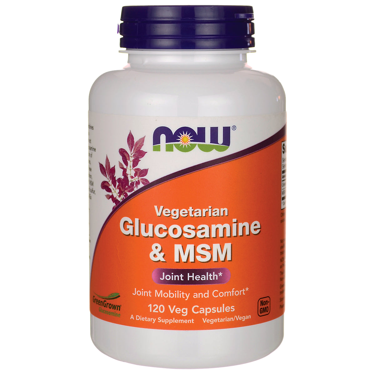 NWF889 | NOW Vegetarian Glucosamine & MSM bottle front label, 120 veg capsules