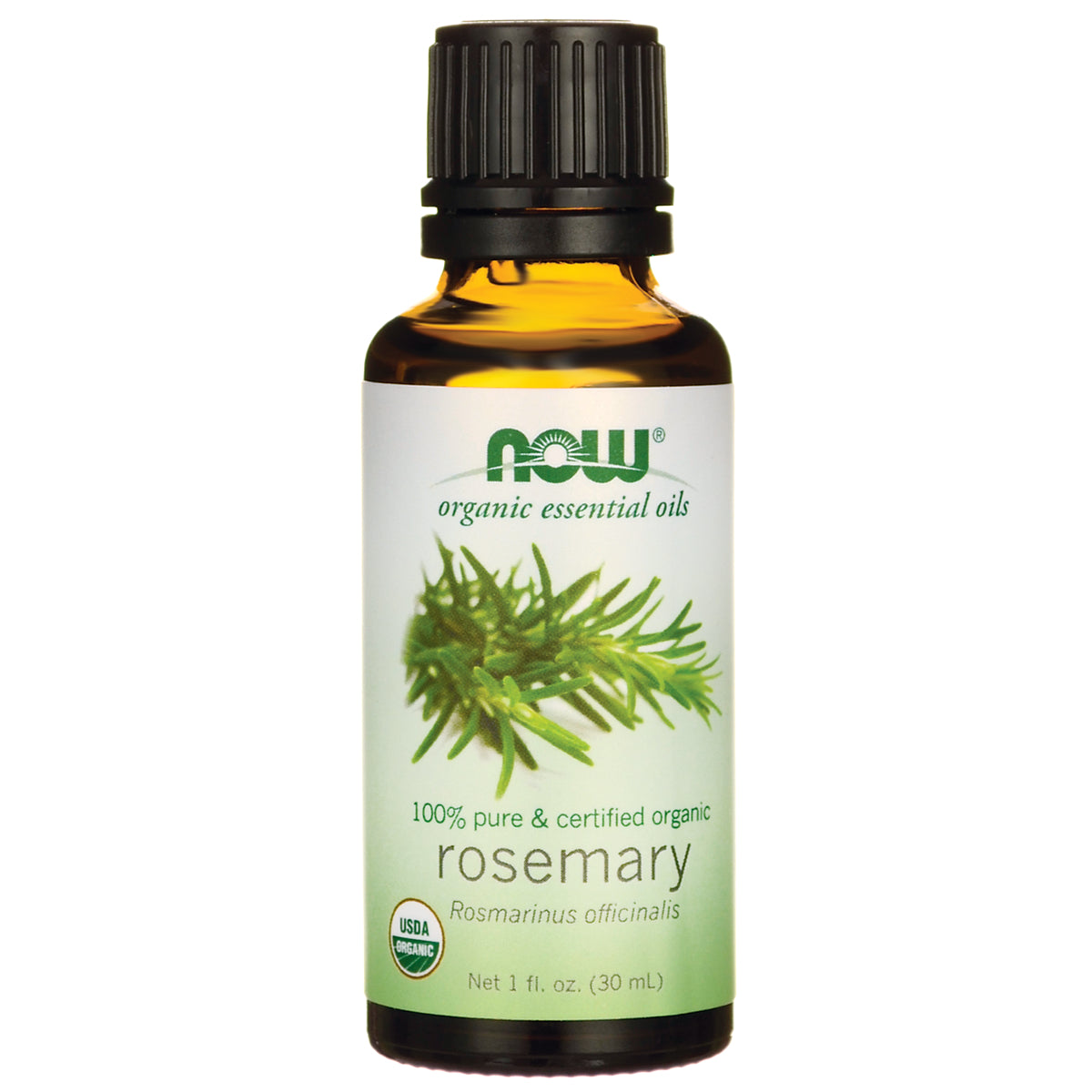 NWF509 | NOW organic rosemary essential oil 1 fl oz amber bottle with green label showing rosemary sprig