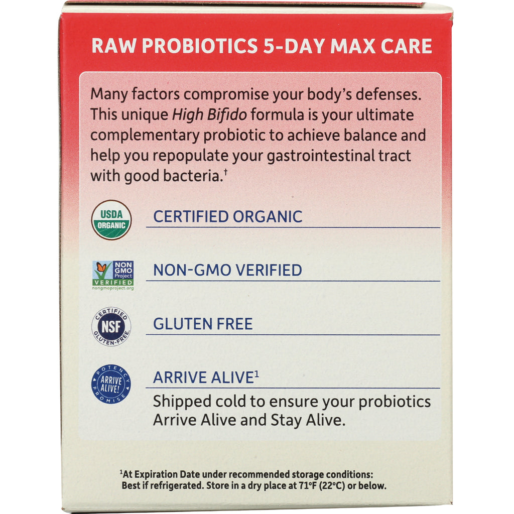 GLF155 | back of probiotic box showing RAW PROBIOTICS 5-DAY MAX CARE and labels Certified Organic, Non-GMO Verified, Gluten Free, Arrive Alive - Thumbnail