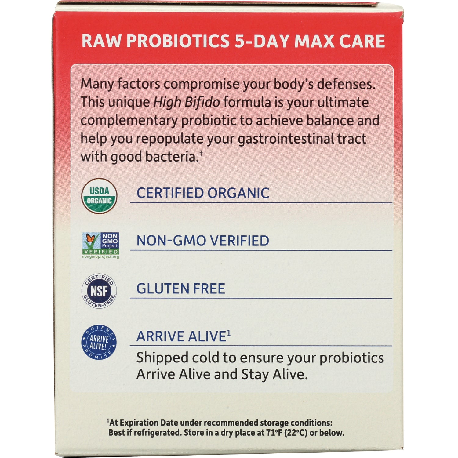 GLF155 | back of probiotic box showing RAW PROBIOTICS 5-DAY MAX CARE and labels Certified Organic, Non-GMO Verified, Gluten Free, Arrive Alive