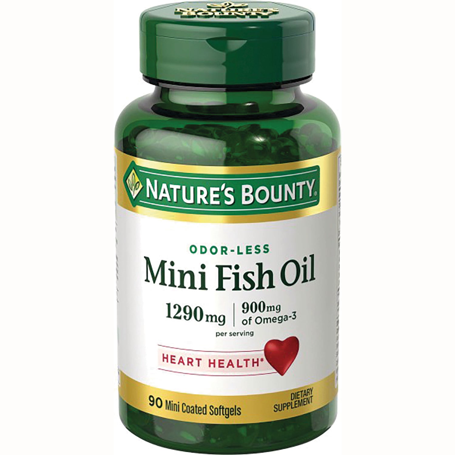 NBY082 | Nature's Bounty Mini Fish Oil bottle, odor-less 1290 mg per serving, 900 mg Omega-3, 90 mini coated softgels
