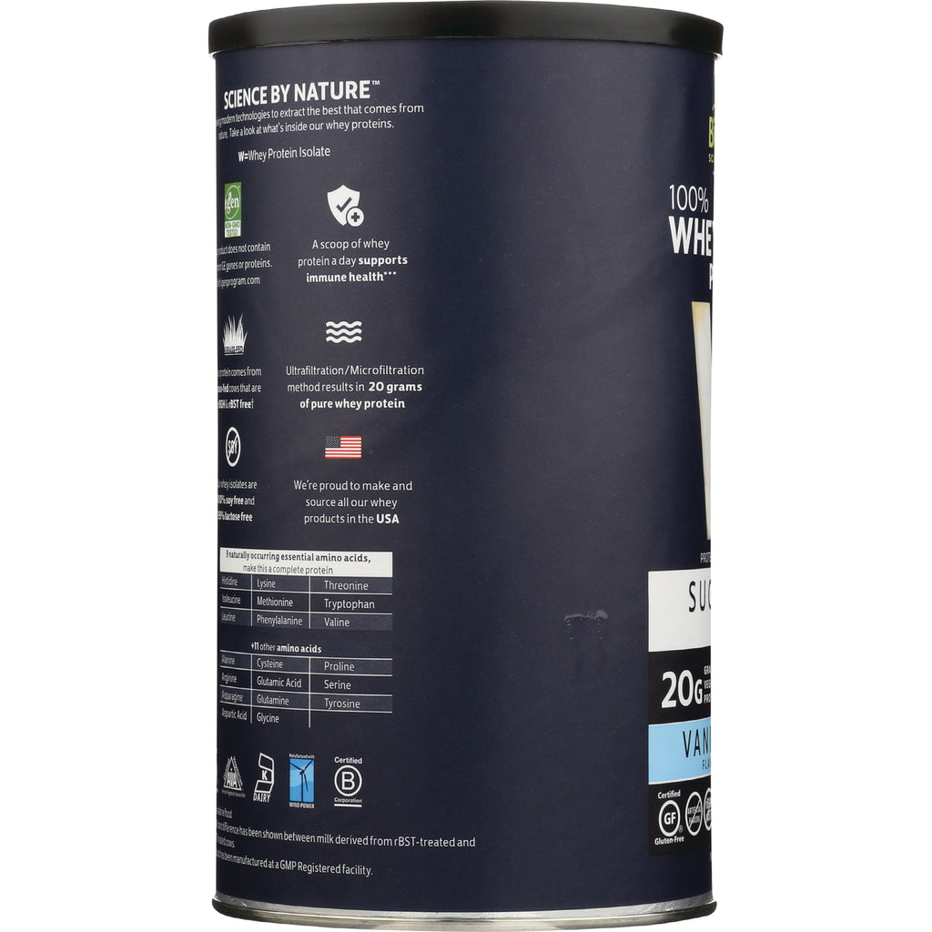 CRL590 | product infographic on navy whey protein can showing 20g protein claim, amino acid table, icons and small USA flag - Thumbnail