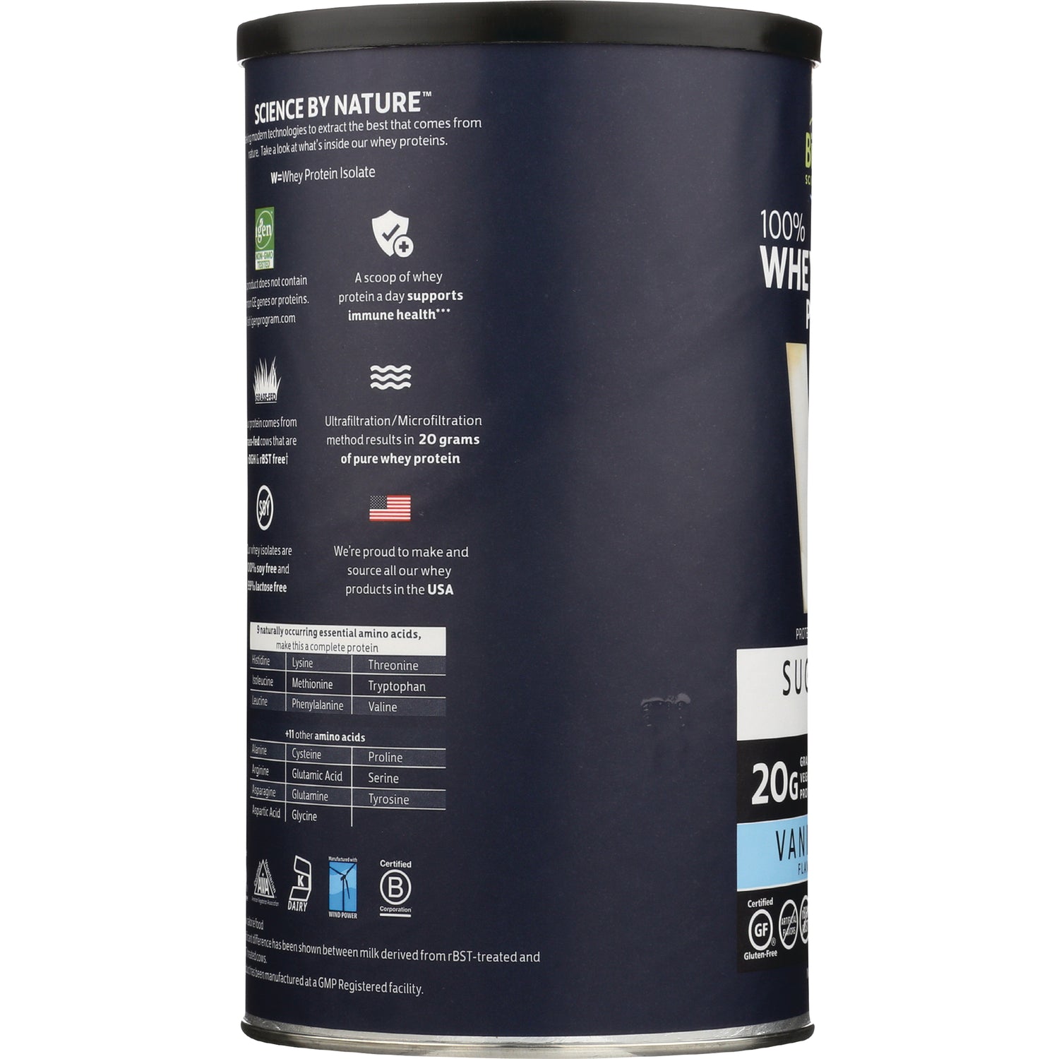 CRL590 | product infographic on navy whey protein can showing 20g protein claim, amino acid table, icons and small USA flag
