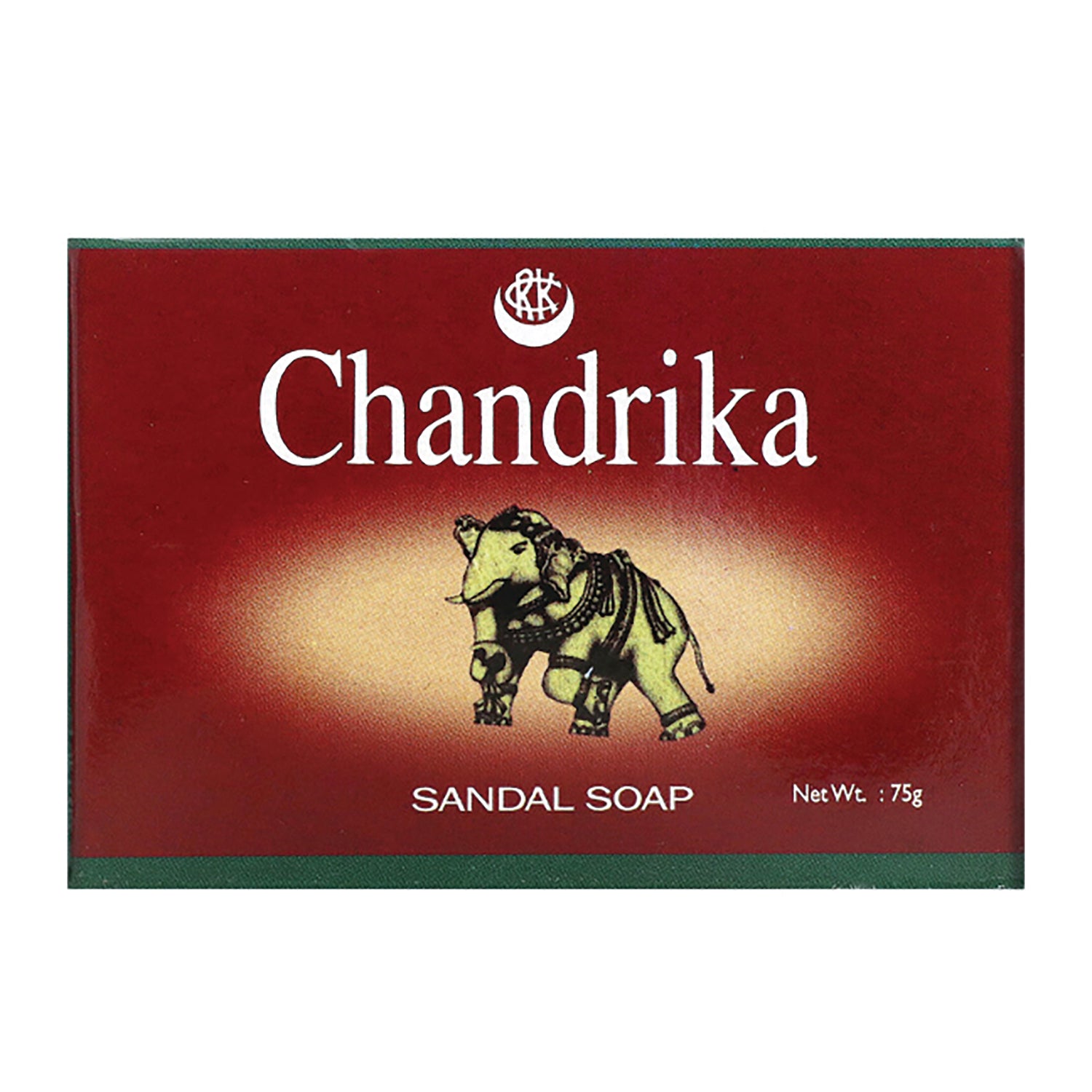 CDR001 | Chandrika sandal soap box in red with decorative elephant and visible text SANDAL SOAP and Net Wt. : 75g
