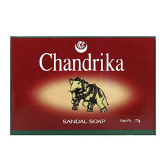CDR001 | Chandrika sandal soap box in red with decorative elephant and visible text SANDAL SOAP and Net Wt. : 75g