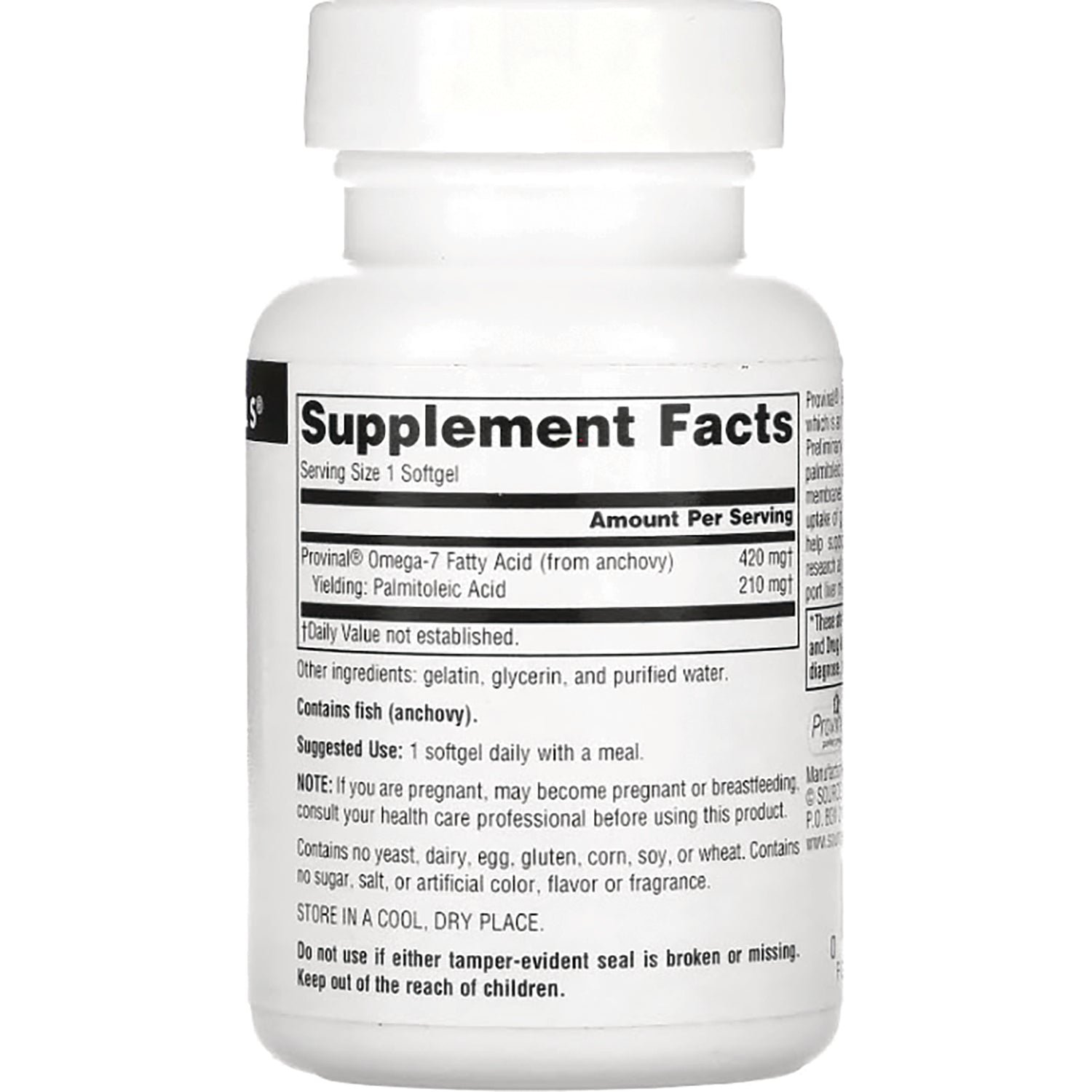 SN747 | Back label with Supplement Facts for Omega-7 fatty acid softgels (anchovy)