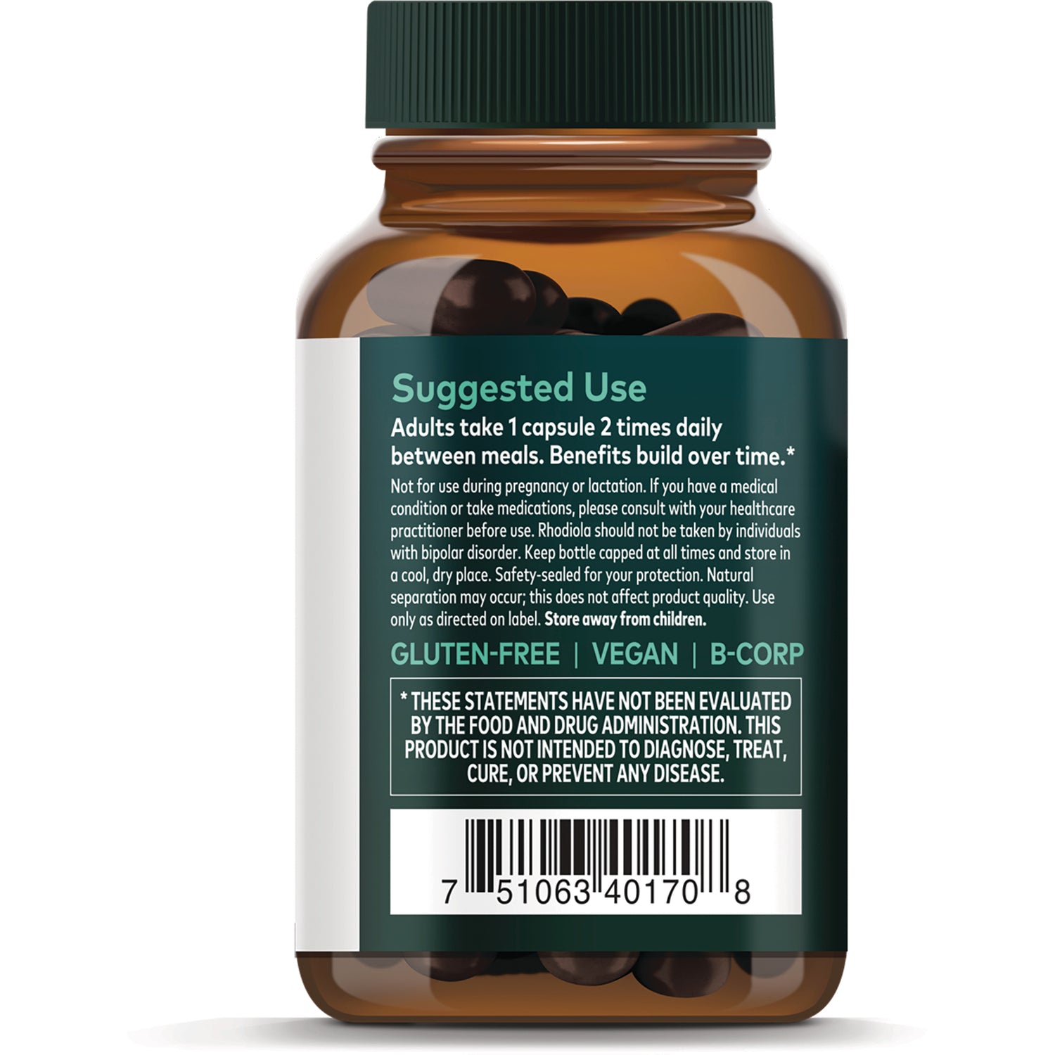 GH019 | Back of amber supplement bottle showing suggested use text, warnings, gluten-free vegan badges, and barcode