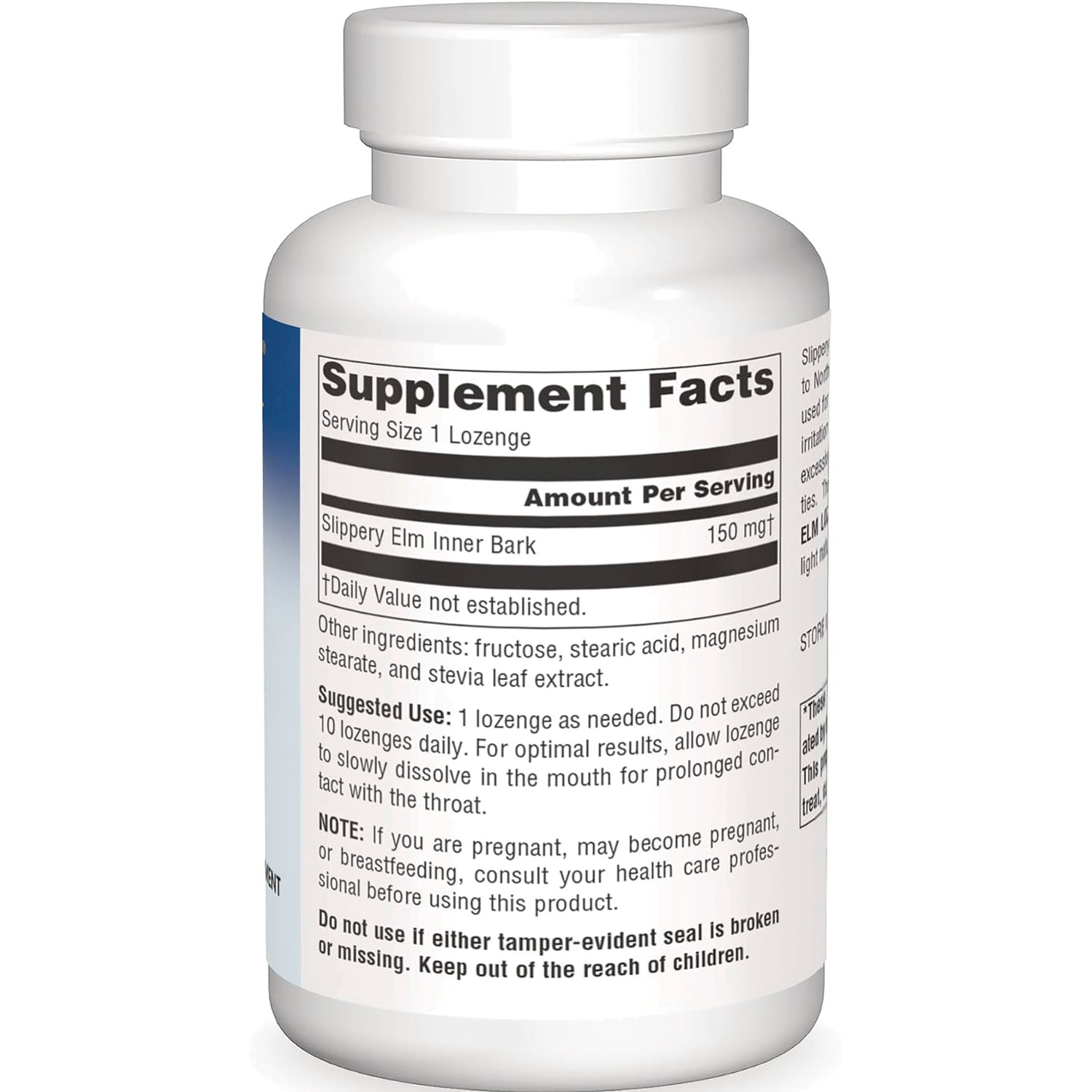 PF130 | Back label showing Supplement Facts, ingredients, and suggested use for slippery elm lozenges