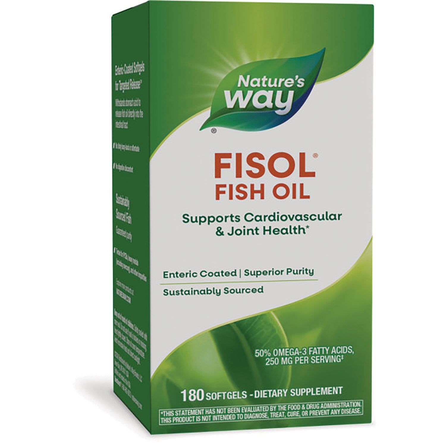 NW597 | Nature's Way FISOL Fish Oil box front showing brand logo, Supports Cardiovascular & Joint Health and 180 softgels