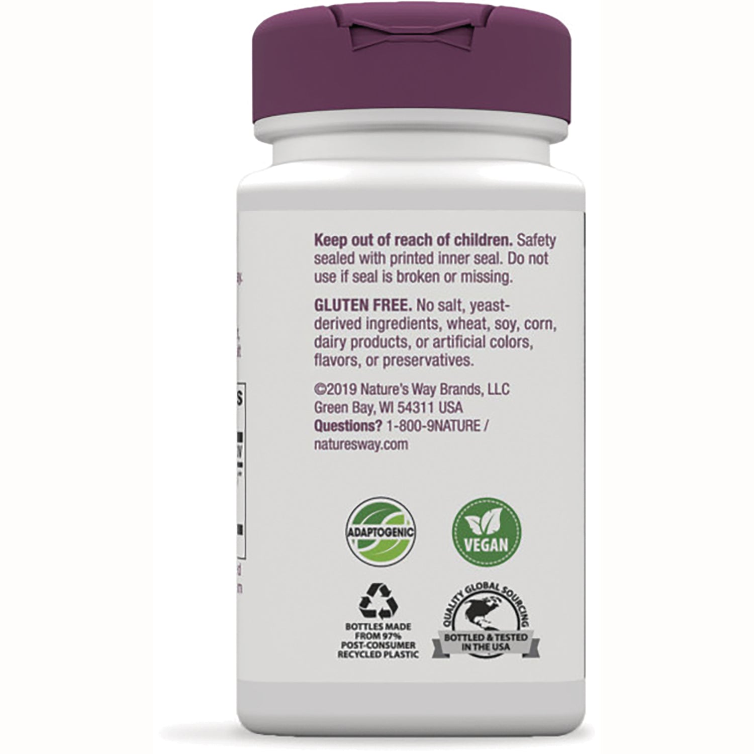 NW787 | back label of supplement bottle showing Keep out of reach of children warning, gluten free claim, adaptogenic and vegan icons