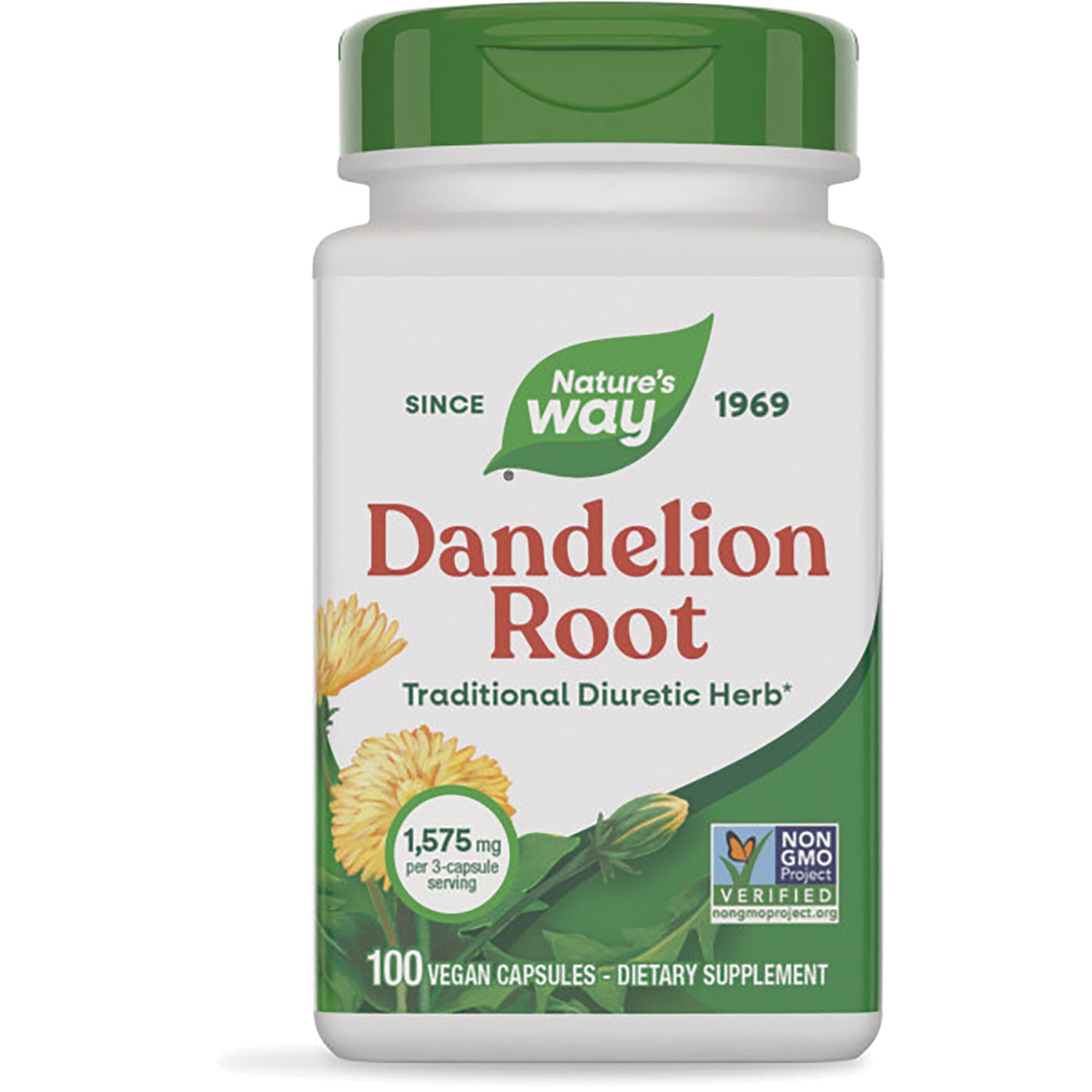 NW127 | Nature's Way Dandelion Root bottle front label, 100 vegan capsules, 1,575 mg per 3-capsule serving, Non-GMO Verified