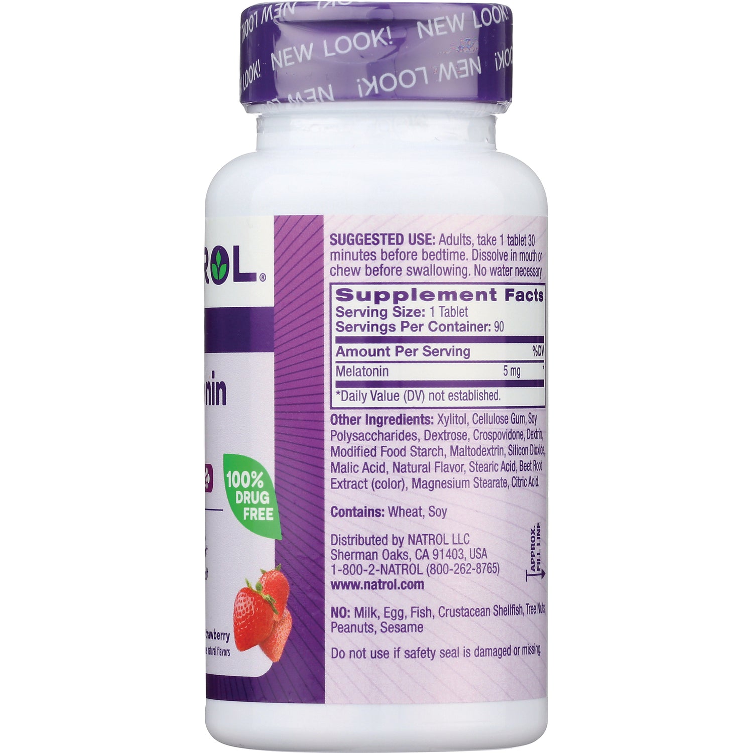 NA438 | Back label of white bottle showing Supplement Facts with Melatonin 5 mg, other ingredients and distributor info