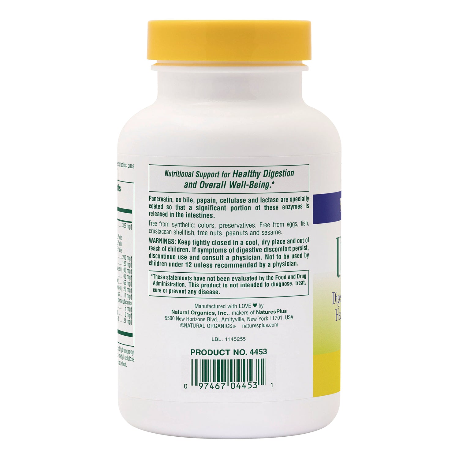 NTP107 | Back label of supplement bottle with warnings and barcode