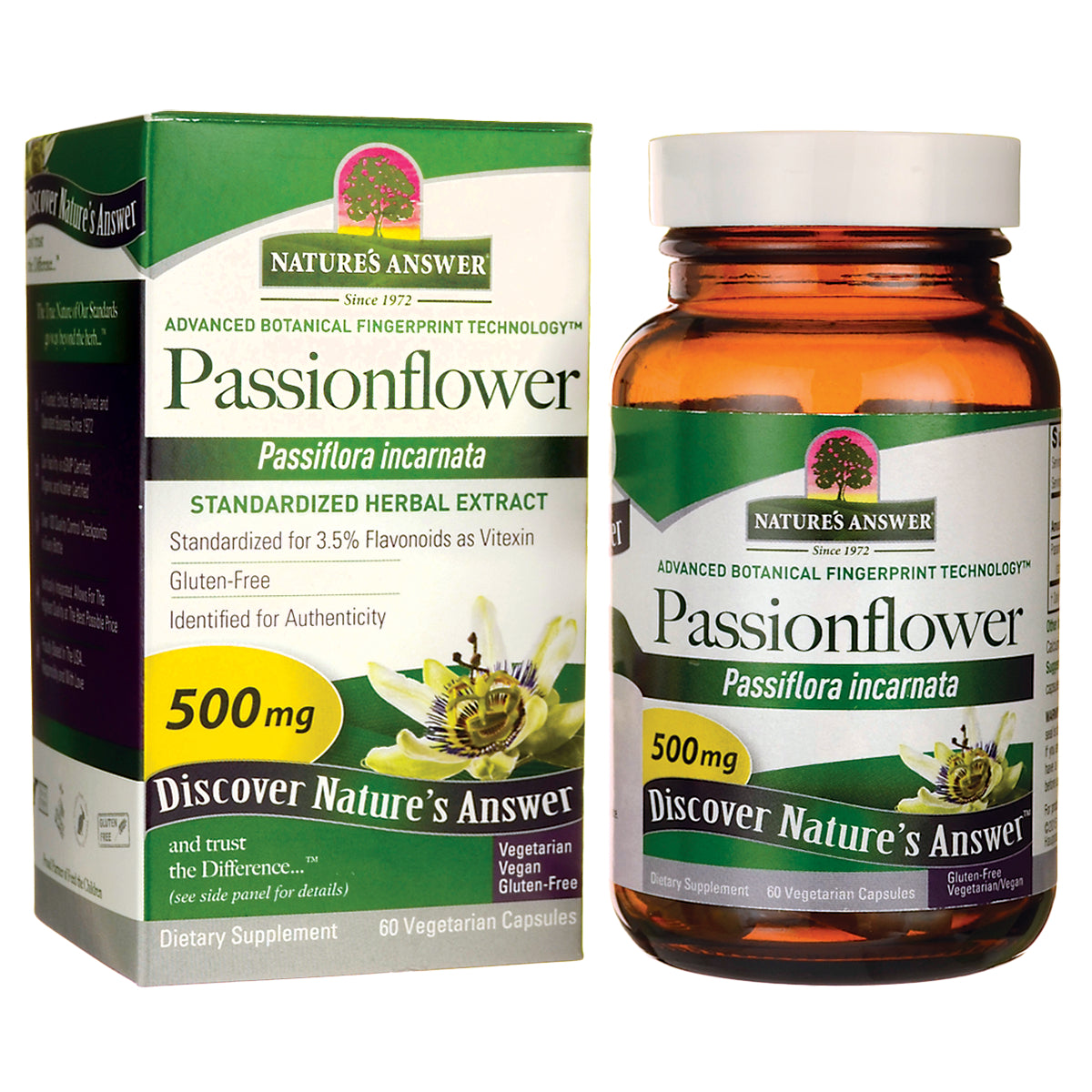 NAT074 | Passionflower supplement box and amber bottle labeled 500 mg Nature's Answer, 60 vegetarian capsules
