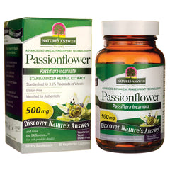 NAT074 | Passionflower supplement box and amber bottle labeled 500 mg Nature's Answer, 60 vegetarian capsules
