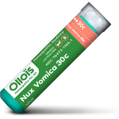 OLH033 | Green tube of Nux Vomica 30C homeopathic pellets with Ollos branding