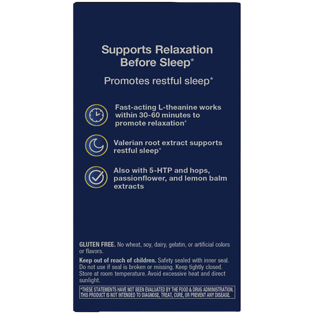 ET382 | Back panel: supports relaxation before sleep; lists L-theanine, valerian root, 5-HTP and other extracts, gluten free and safety warnings - Thumbnail