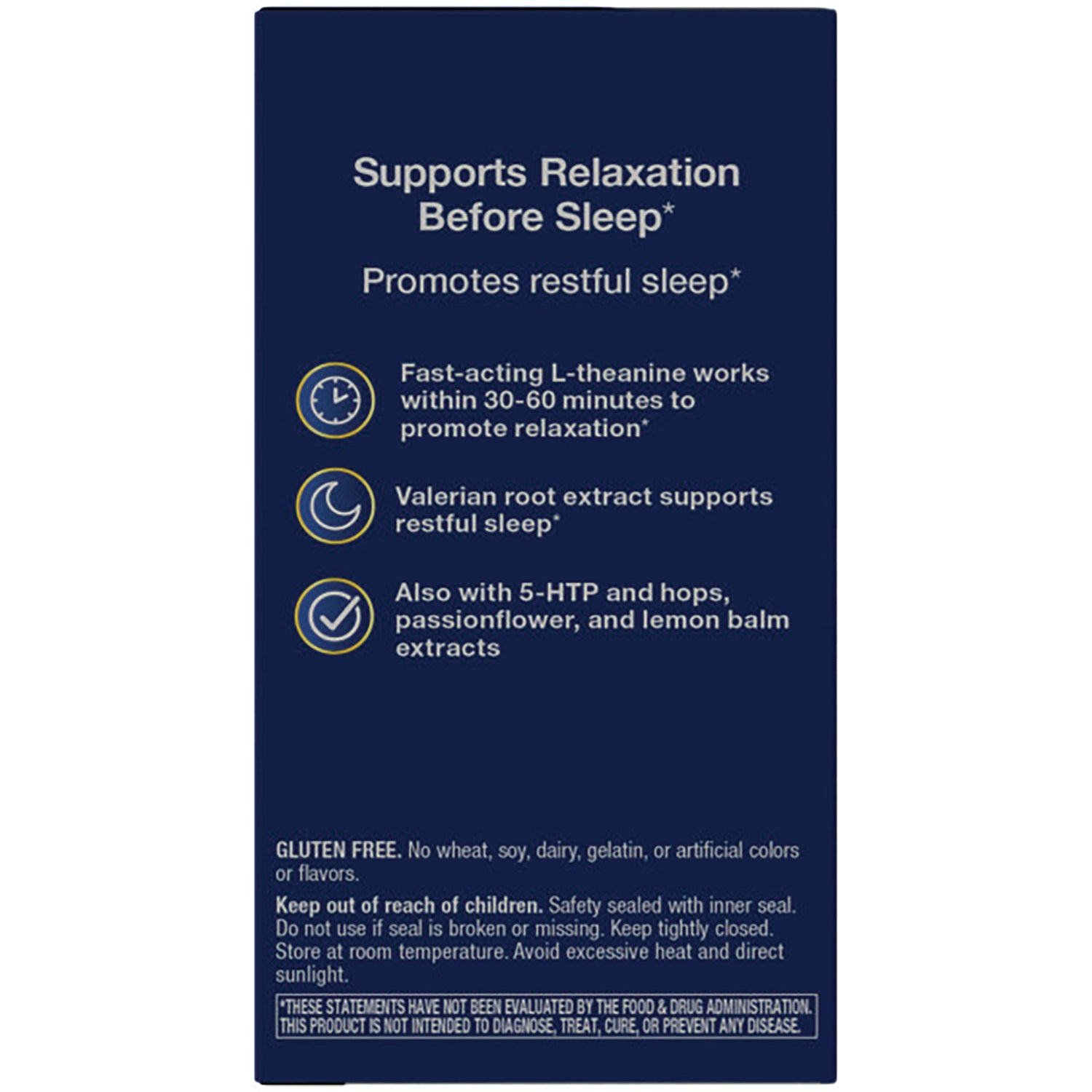 ET382 | Back panel: supports relaxation before sleep; lists L-theanine, valerian root, 5-HTP and other extracts, gluten free and safety warnings