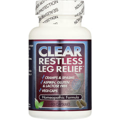 CLP006 | White bottle labeled CLEAR RESTLESS LEG RELIEF Homeopathic Formula, 60 capsules, vegi-caps, aspirin gluten and lactose free