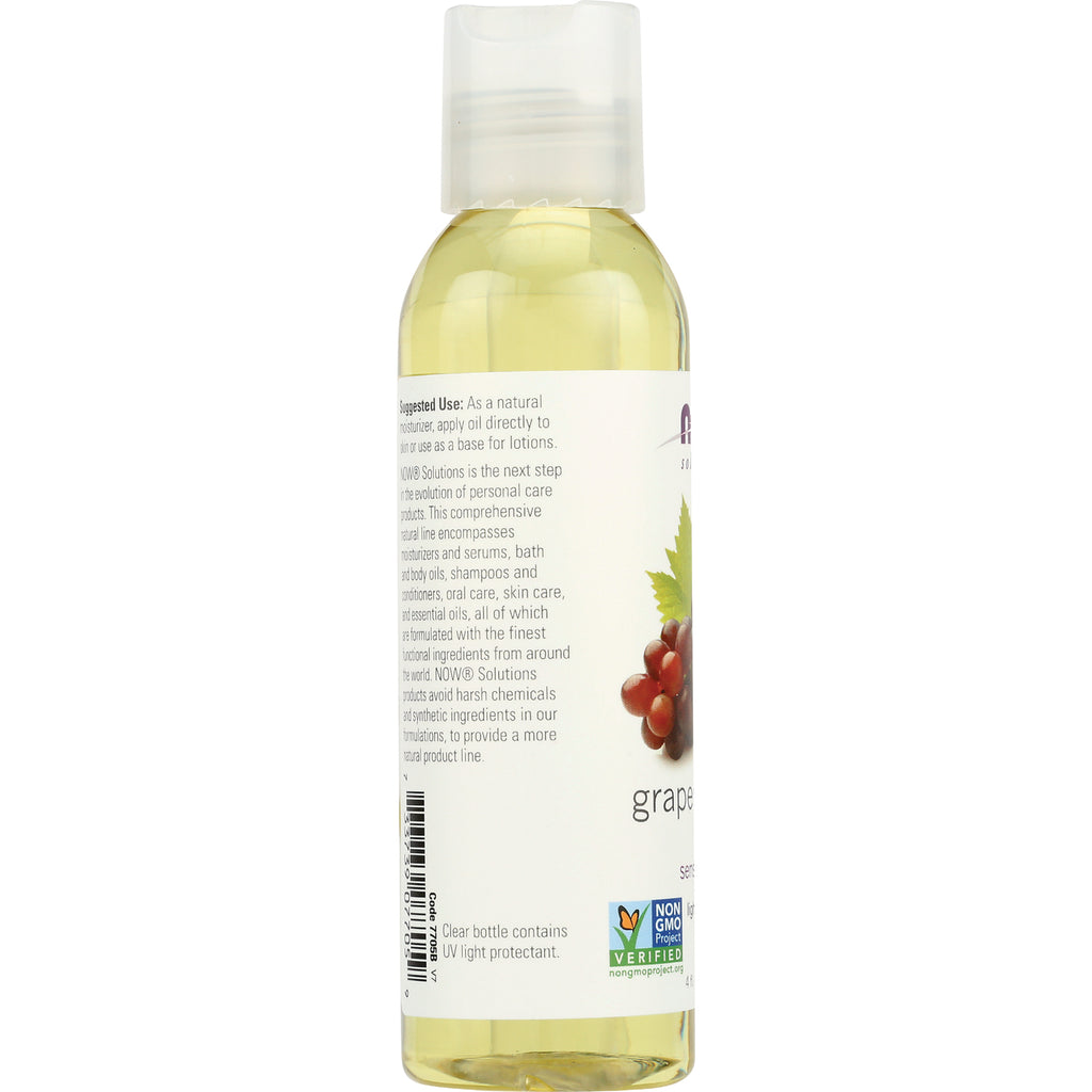 NWF610 | back label of clear grape seed oil bottle showing usage text, barcode, and Non-GMO Project Verified logo - Thumbnail