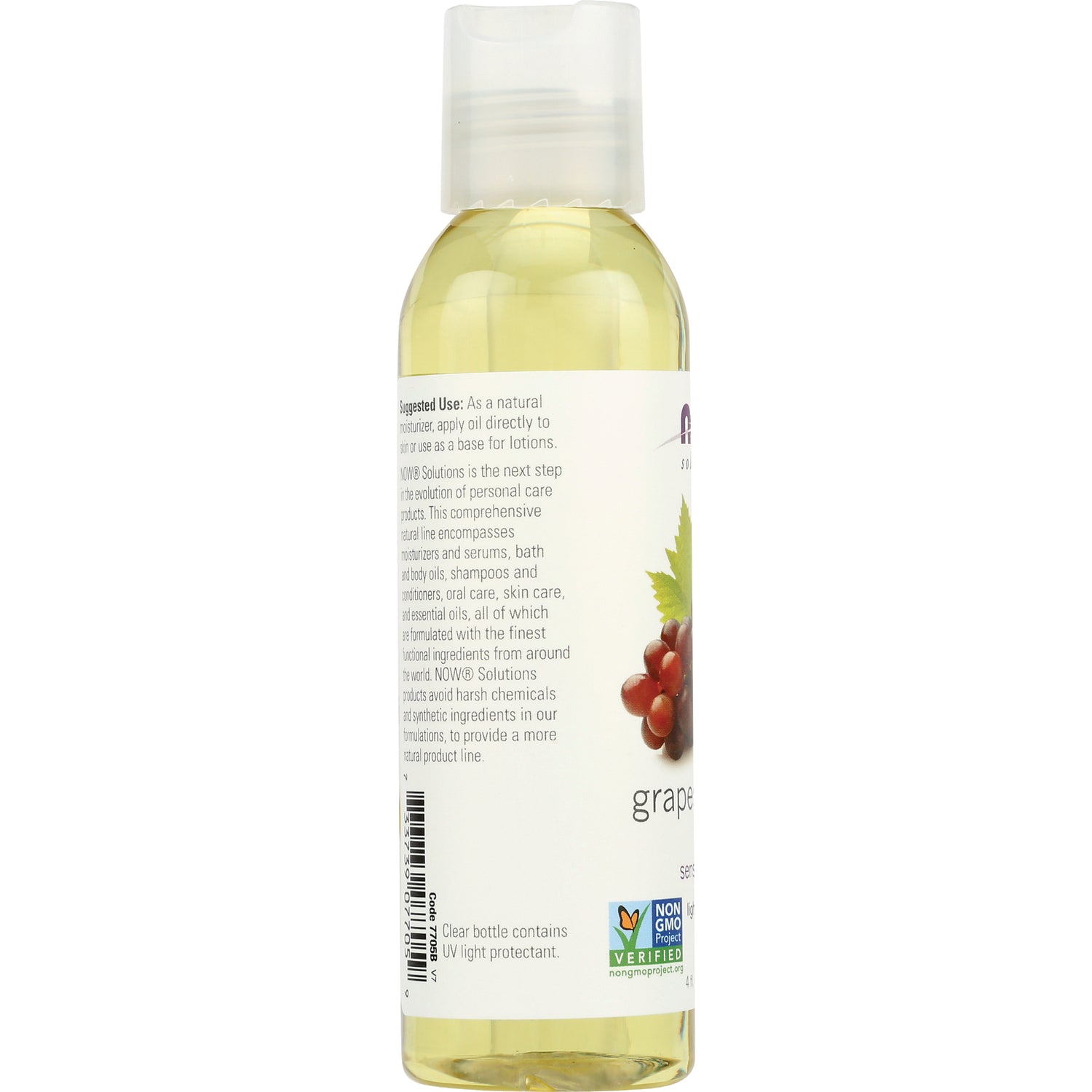 NWF610 | back label of clear grape seed oil bottle showing usage text, barcode, and Non-GMO Project Verified logo