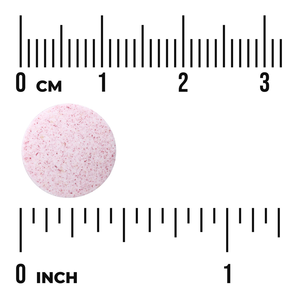SWA035 | Round pink speckled tablet next to centimeter and inch rulers showing size scale - Thumbnail