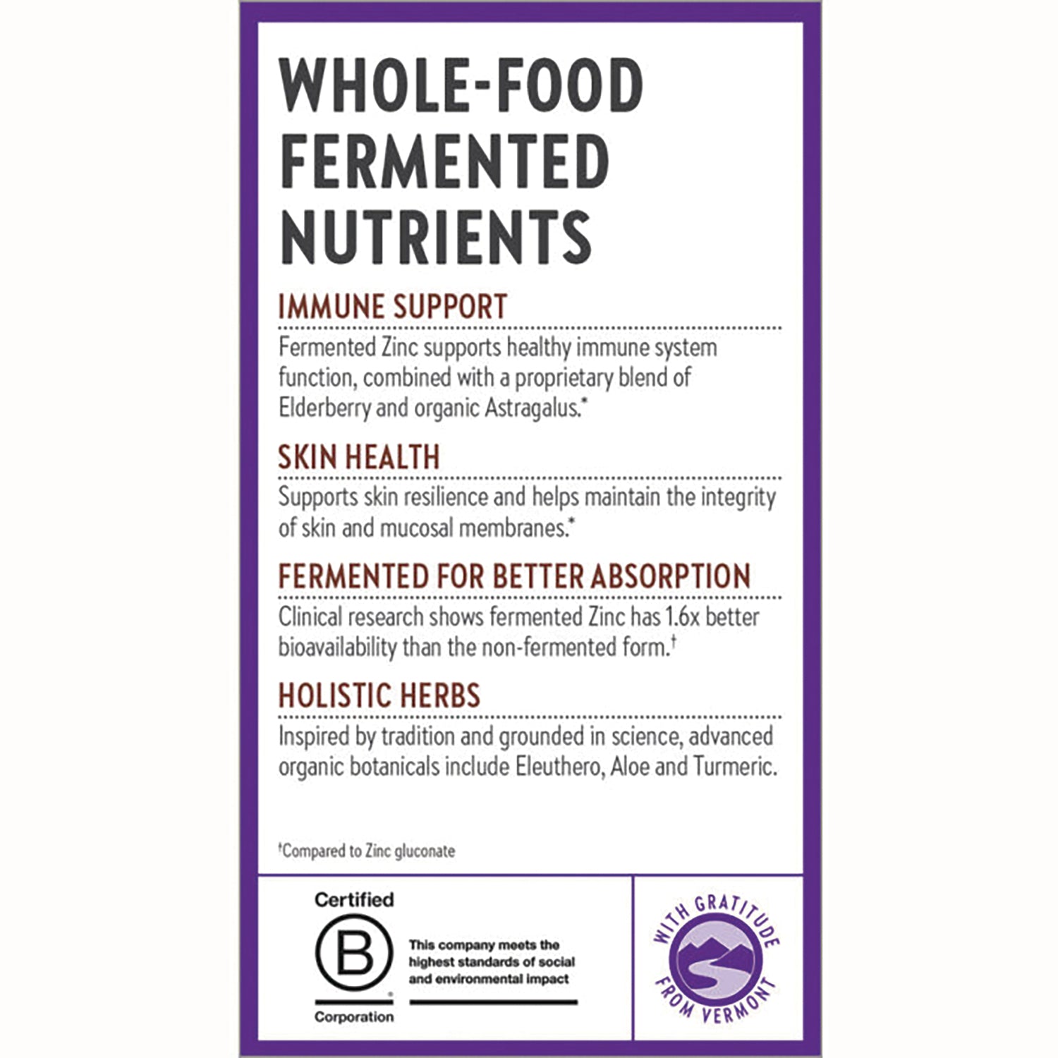 NWC364 | Product infographic listing whole-food fermented nutrients, immune and skin support, improved absorption, certified B