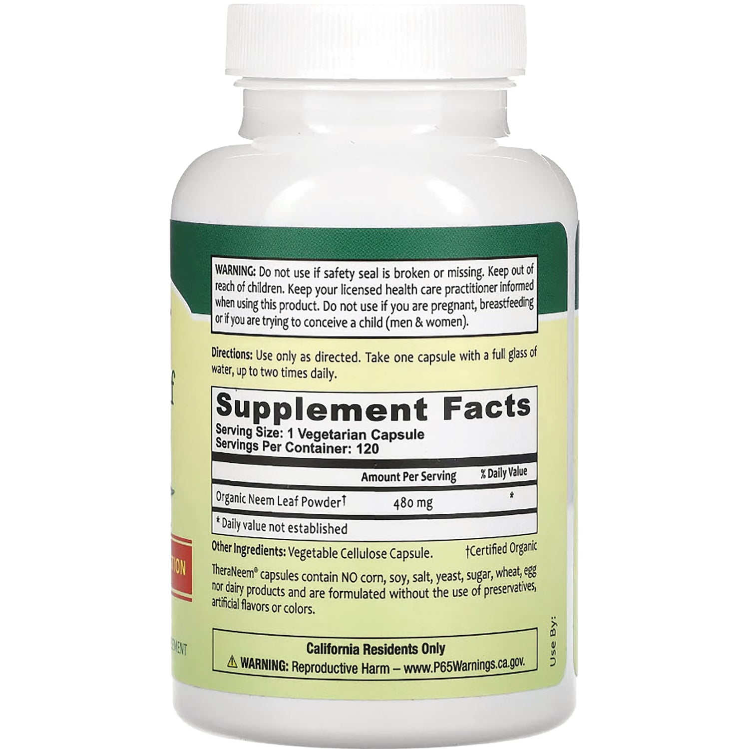 OGX017 | Back of white supplement bottle showing Supplement Facts panel, serving size, directions, warning and ingredient list