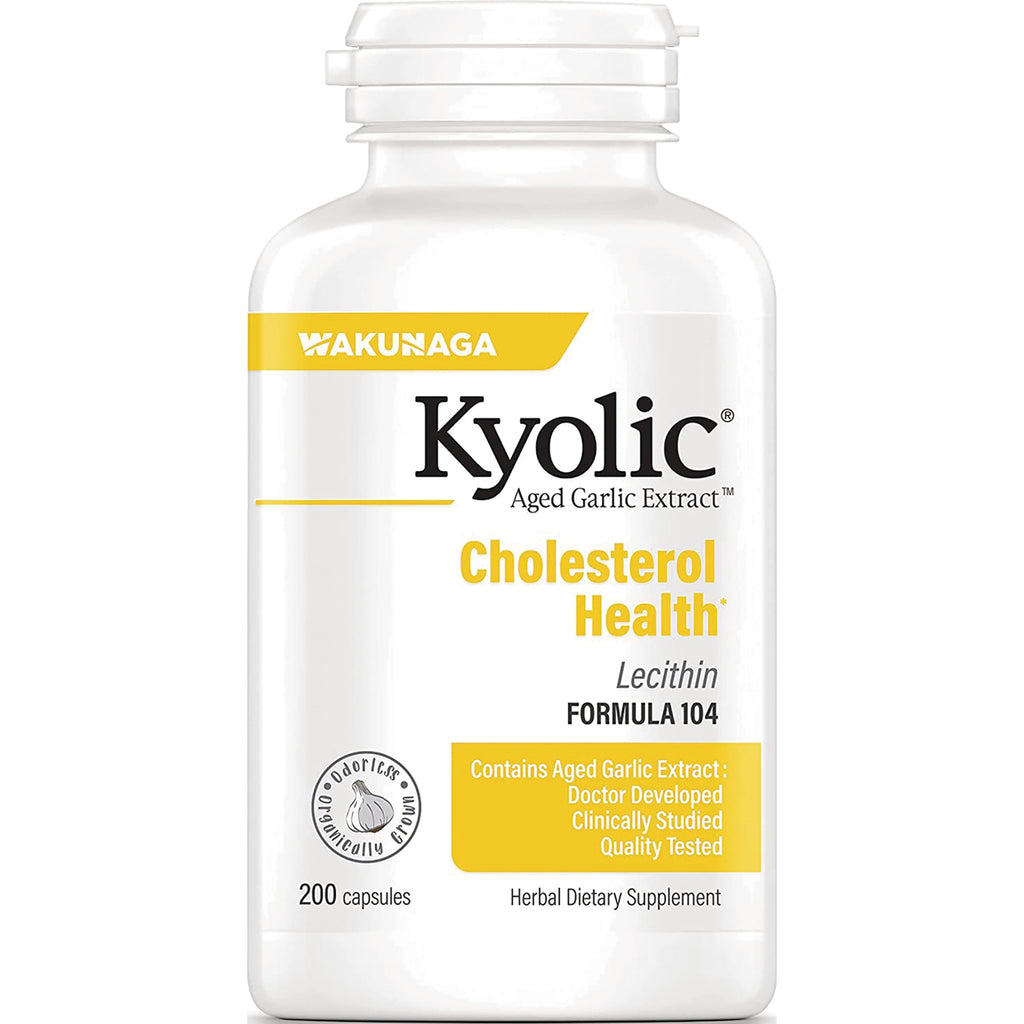 KY024 | Kyolic Aged Garlic Extract Cholesterol Health Lecithin Formula 104 white supplement bottle, 200 capsules - Thumbnail