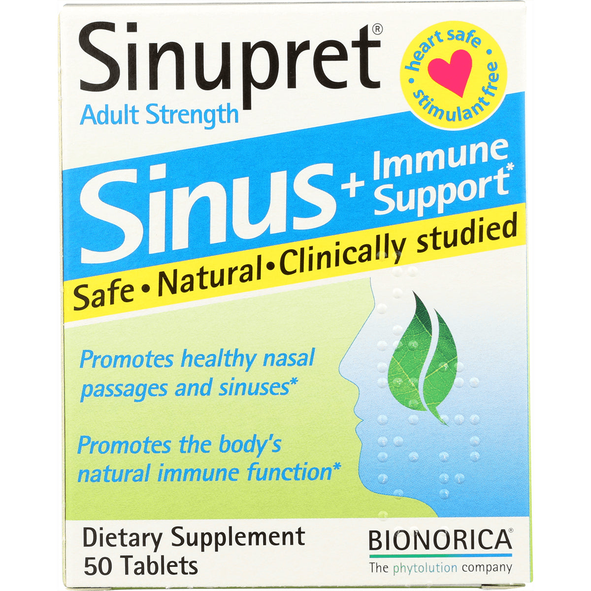BIN003 | Sinupret Adult Strength Sinus+ Immune Support dietary supplement box, 50 tablets, Bionorica