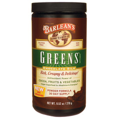 Barlean's Greens Chocolate Silk powder container front label showing product name and 30 day supply