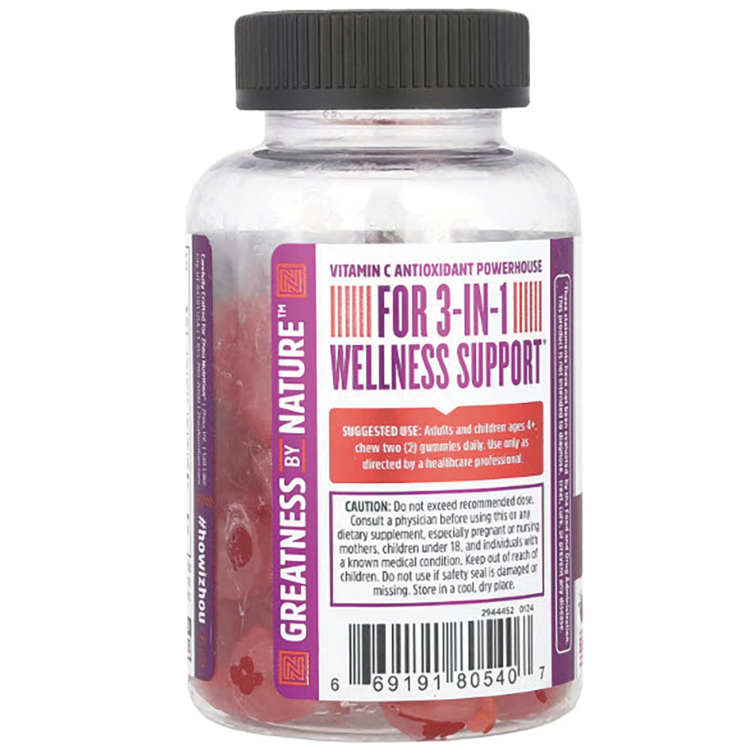 ZOU043 | Back label of gummy vitamin bottle showing FOR 3-IN-1 WELLNESS SUPPORT, Greatness by Nature, barcode