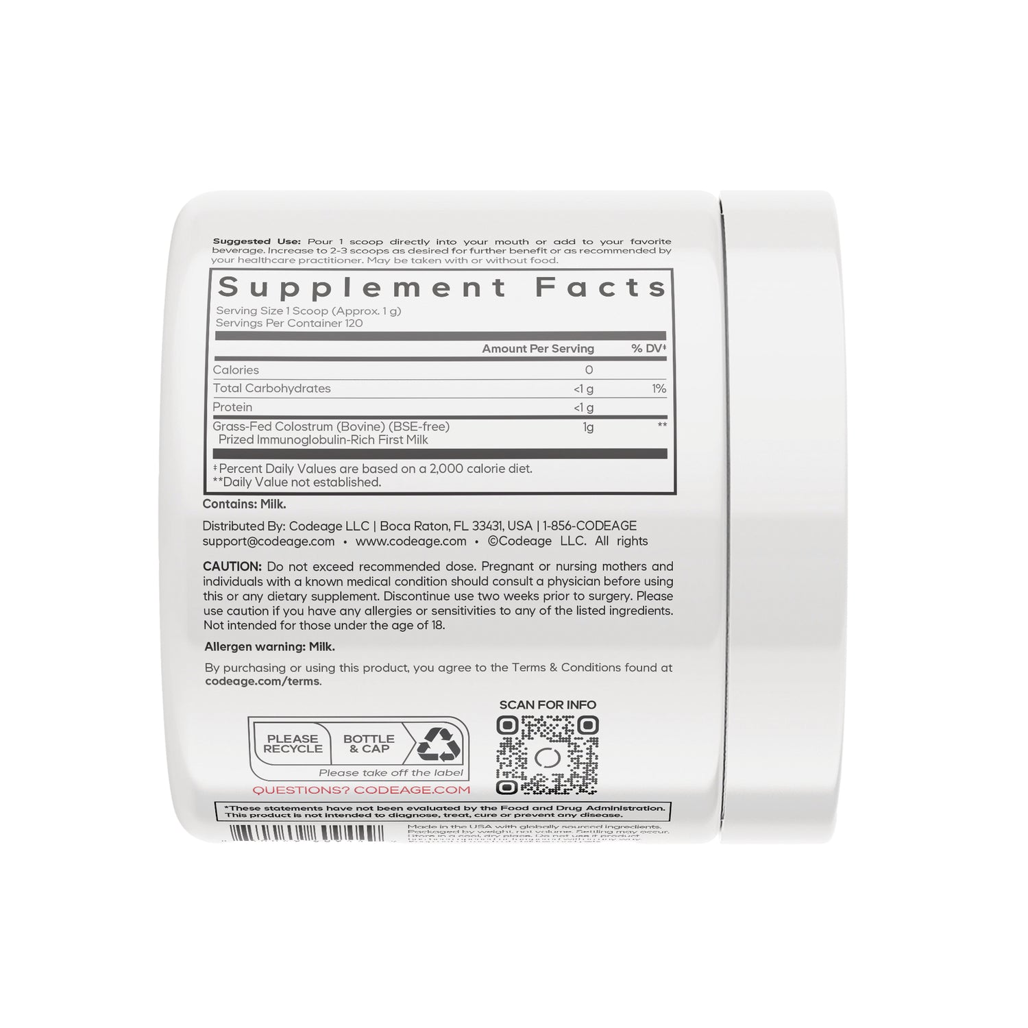 CDG038 | Back label of white supplement jar showing Supplement Facts panel, cautions, and QR code