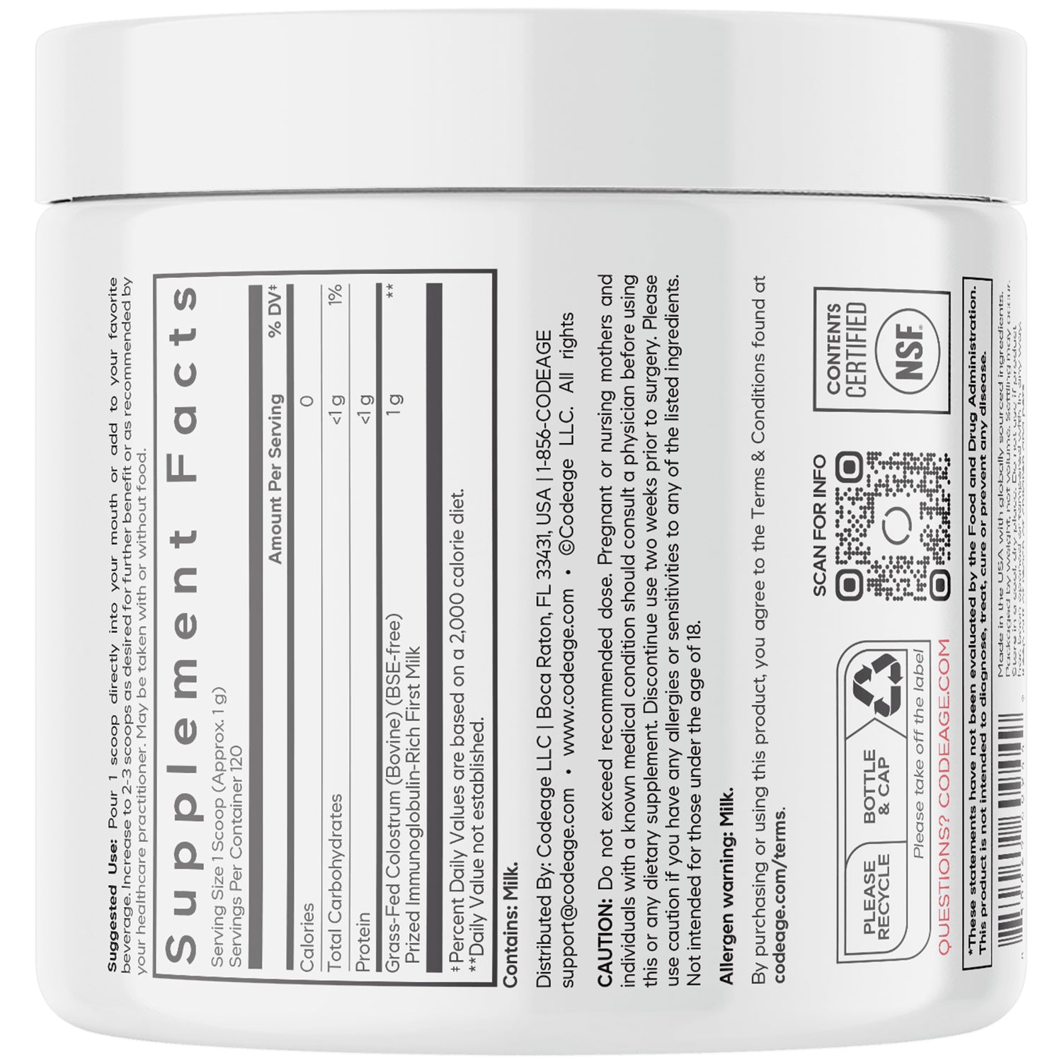CDG038 | Back label of white supplement jar showing Supplement Facts panel, cautions, and QR code