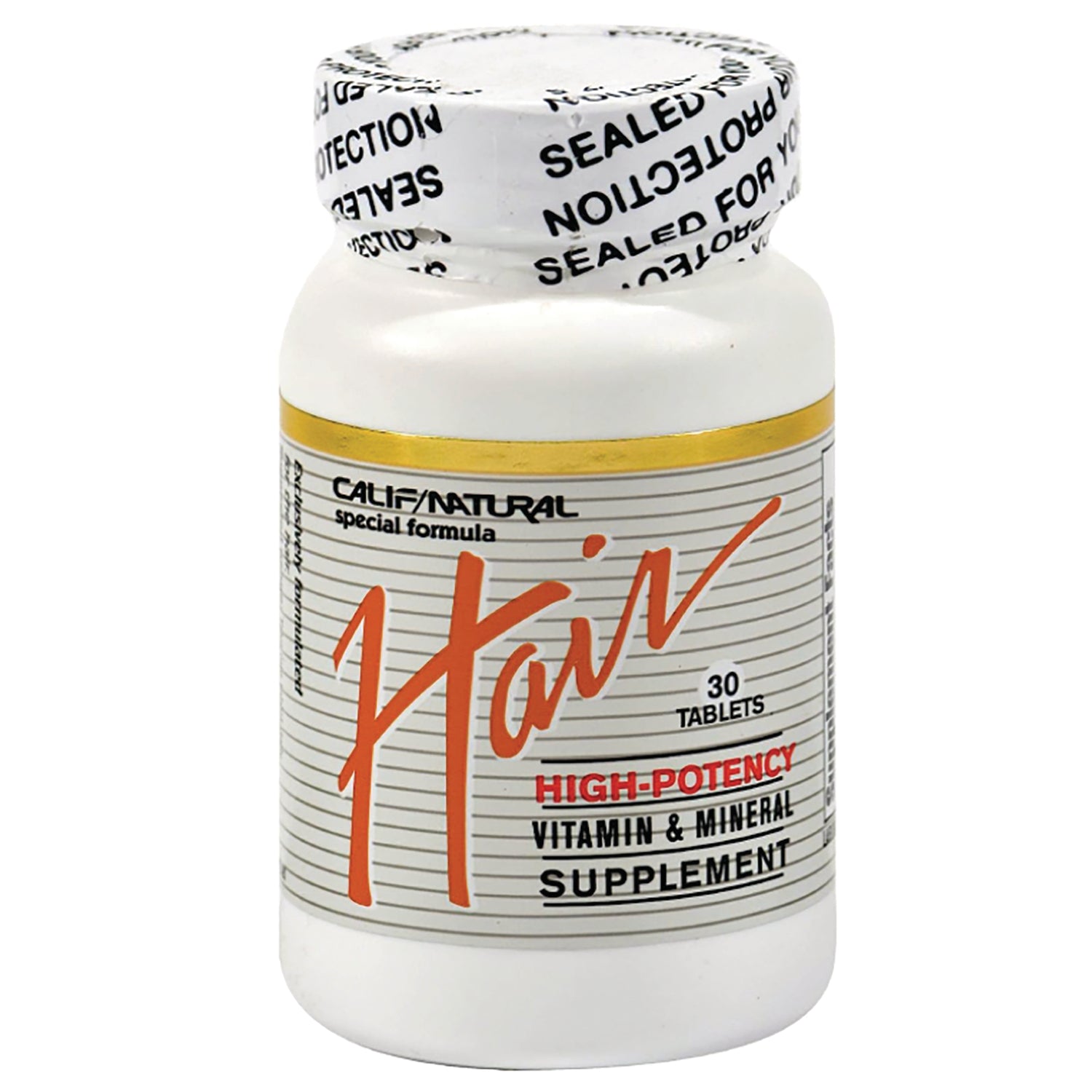 CNA006 | White supplement bottle labeled Hair high-potency vitamin & mineral supplement, sealed cap, 30 tablets
