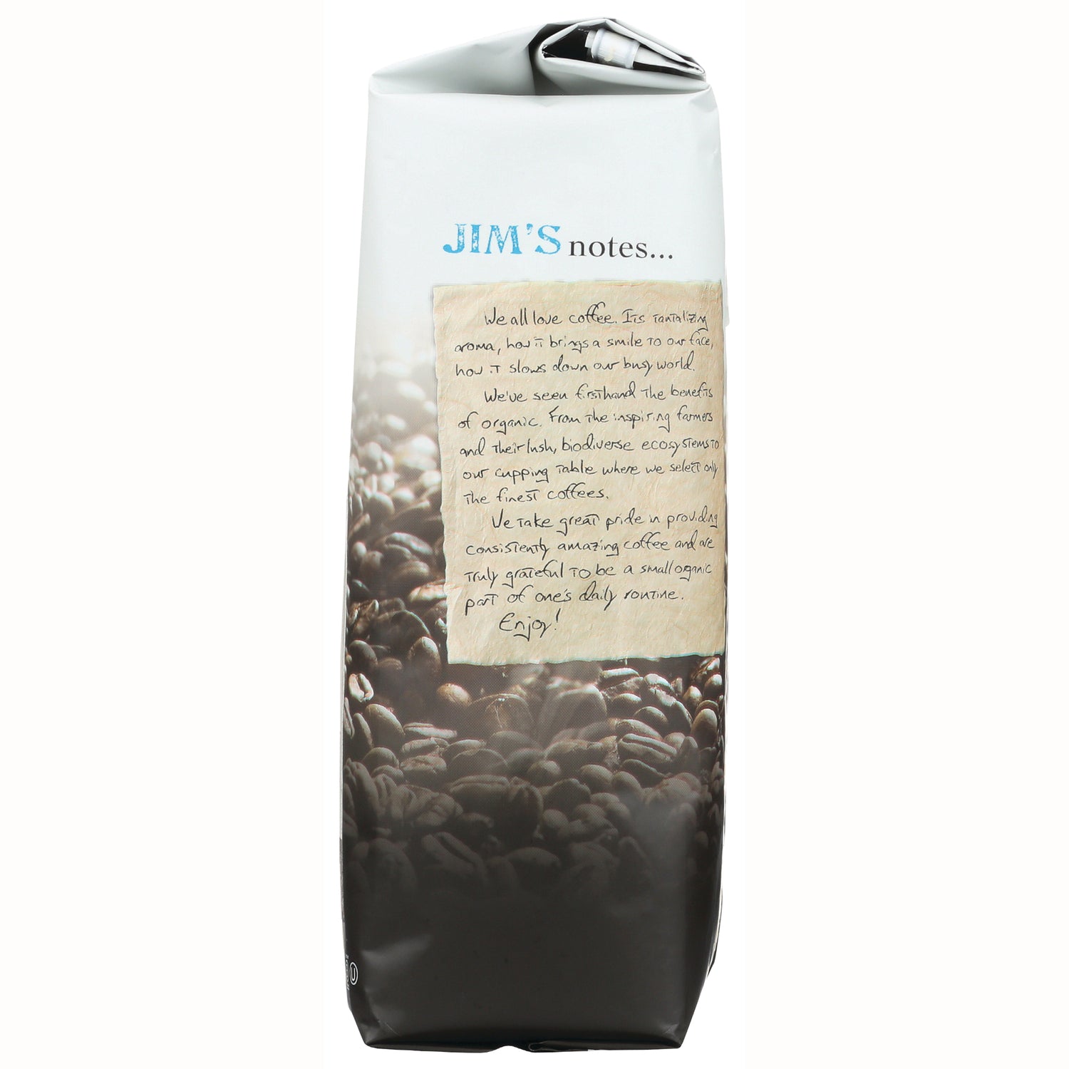 JOC004 | back of coffee bag showing JIM'S notes heading and handwritten note over coffee beans background