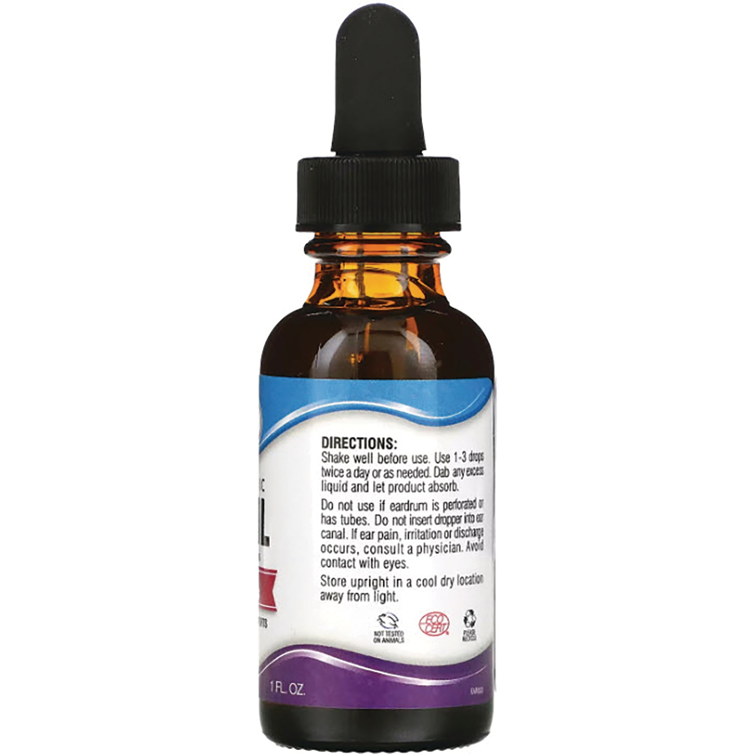 WLY006 | Back of 1 fl oz amber dropper bottle with label showing DIRECTIONS and usage icons