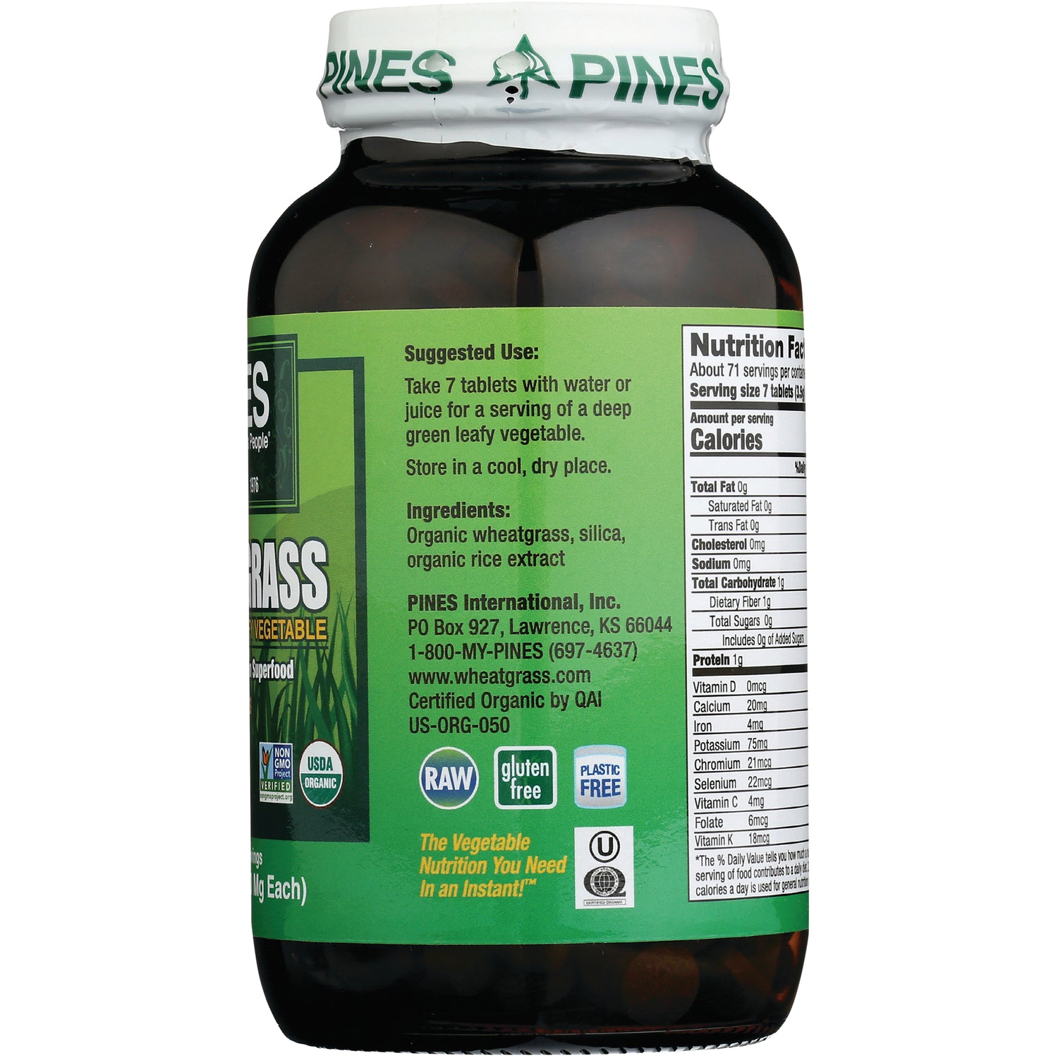 PNN003 | Back label of wheatgrass supplement bottle showing suggested use, ingredients, and nutrition facts