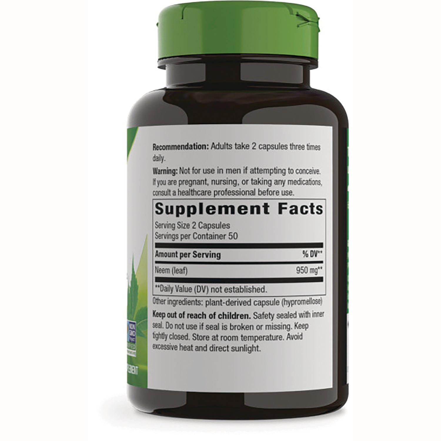 NW867 | Back of brown supplement bottle with green cap showing Supplement Facts panel and usage and warning text