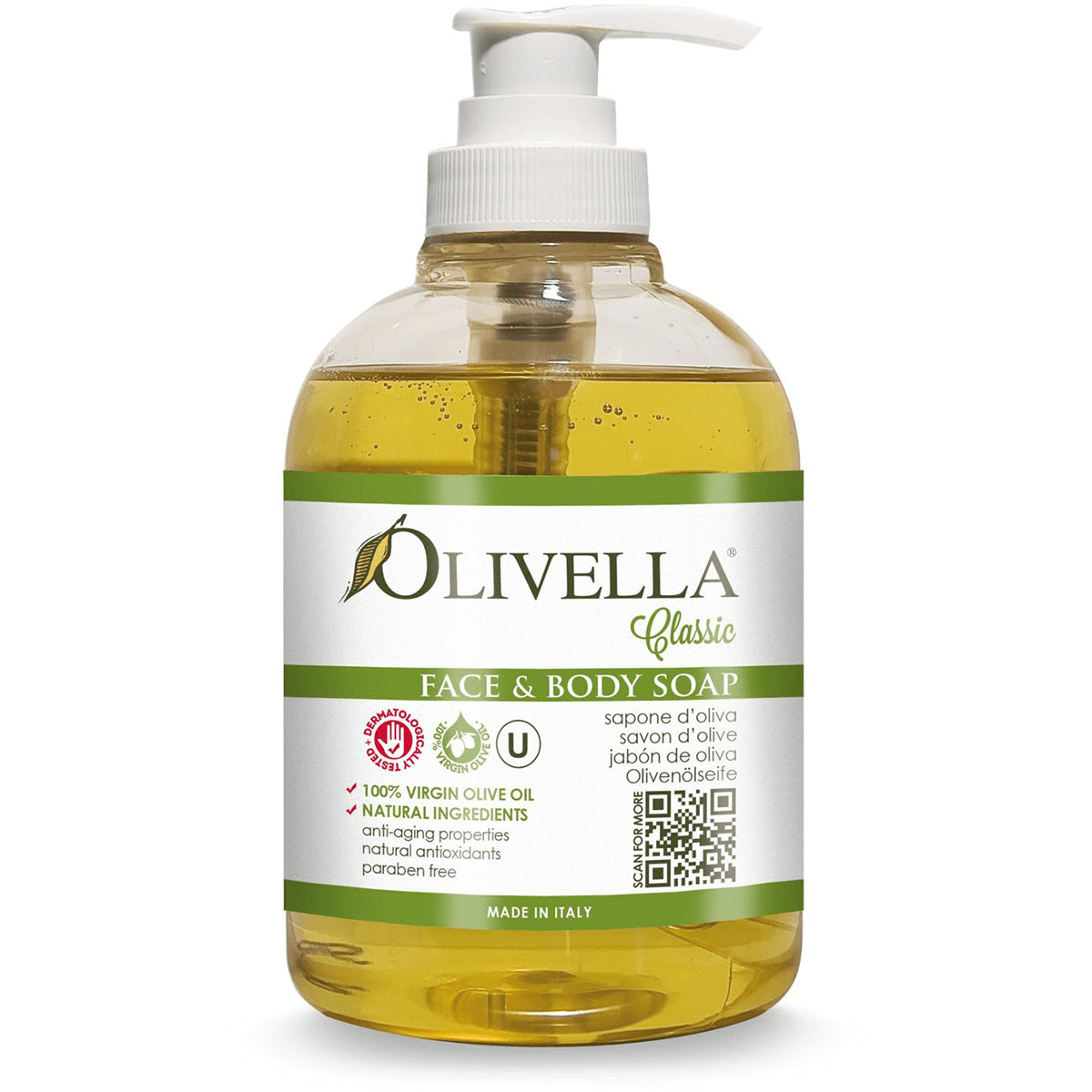 OLV010 | Pump bottle of Olivella Classic face and body soap, clear bottle with green and white label